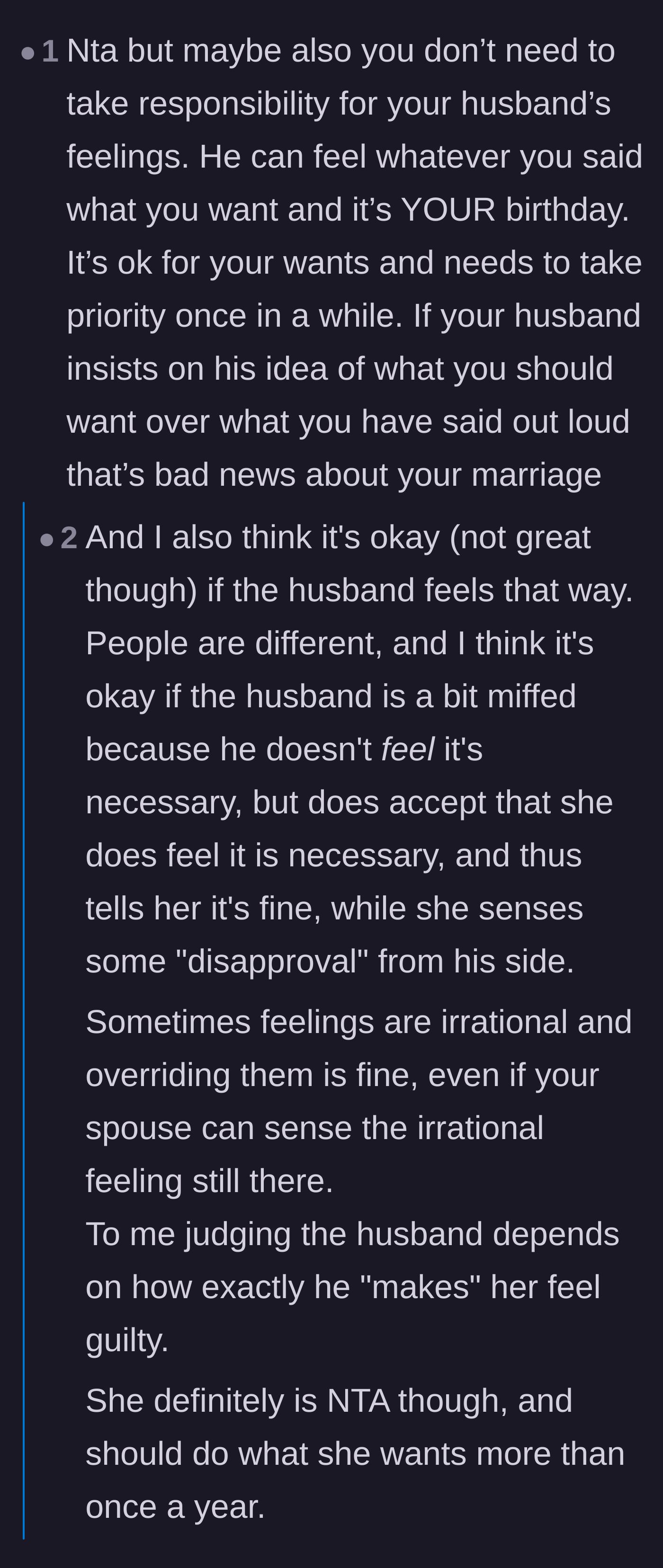 Comment thread 4 - Discussion about separating the wife's desperate needs from the husband's irrational feelings