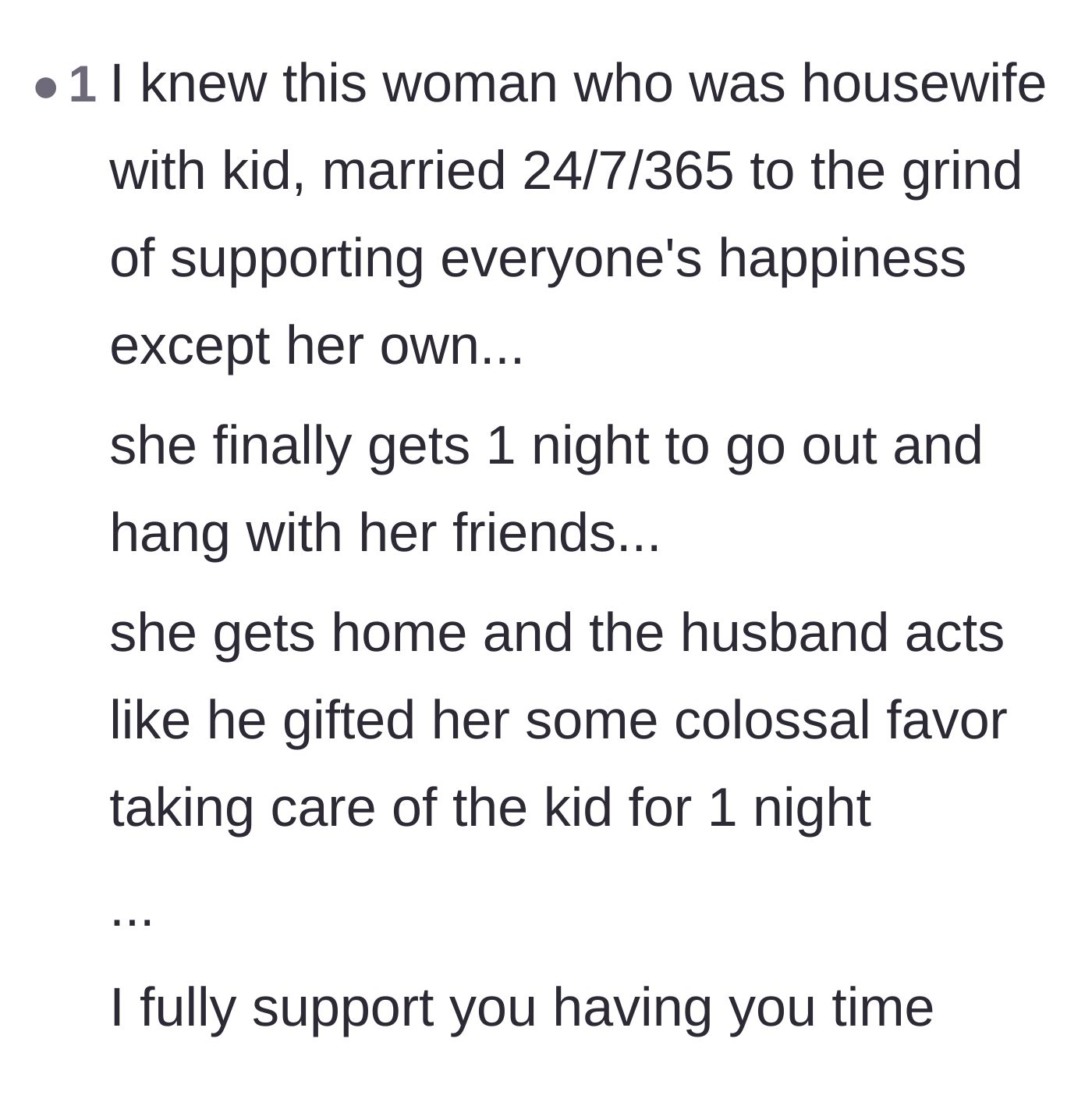 Comment thread 5 - A frustrating anecdote about a husband acting like a martyr for watching his own child for one single night