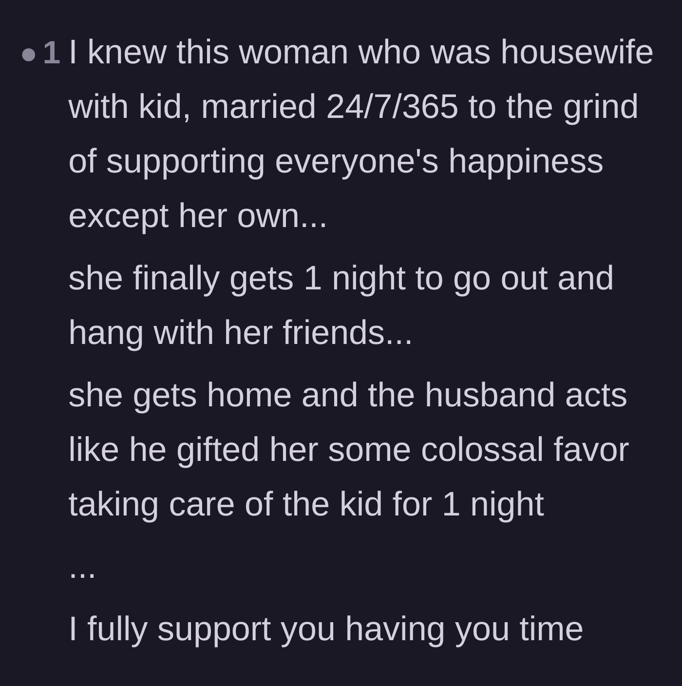 Comment thread 5 - A frustrating anecdote about a husband acting like a martyr for watching his own child for one single night