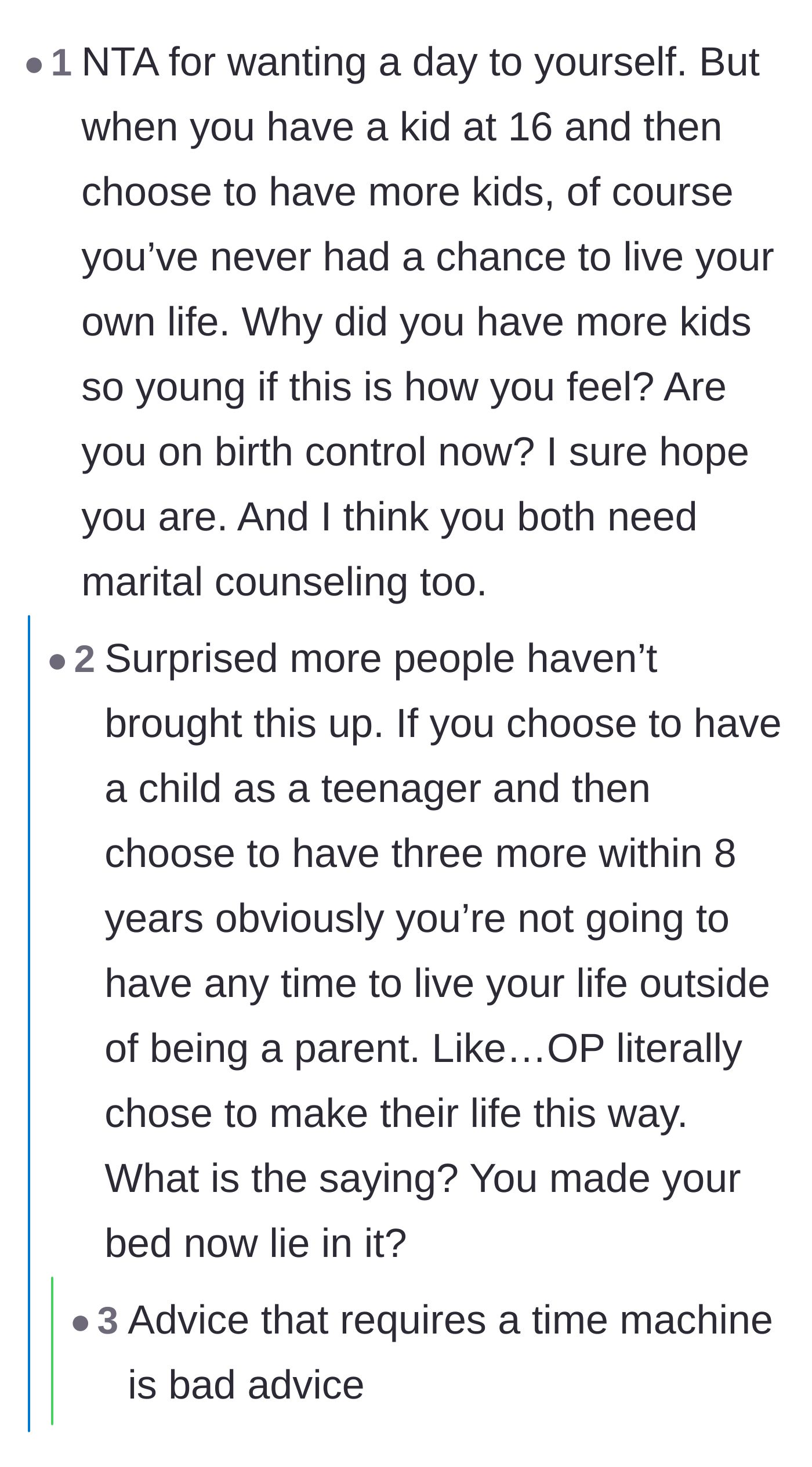 Comment thread 6 - A harsh debate over judging the young mother's past choices versus offering empathy for her current burnout