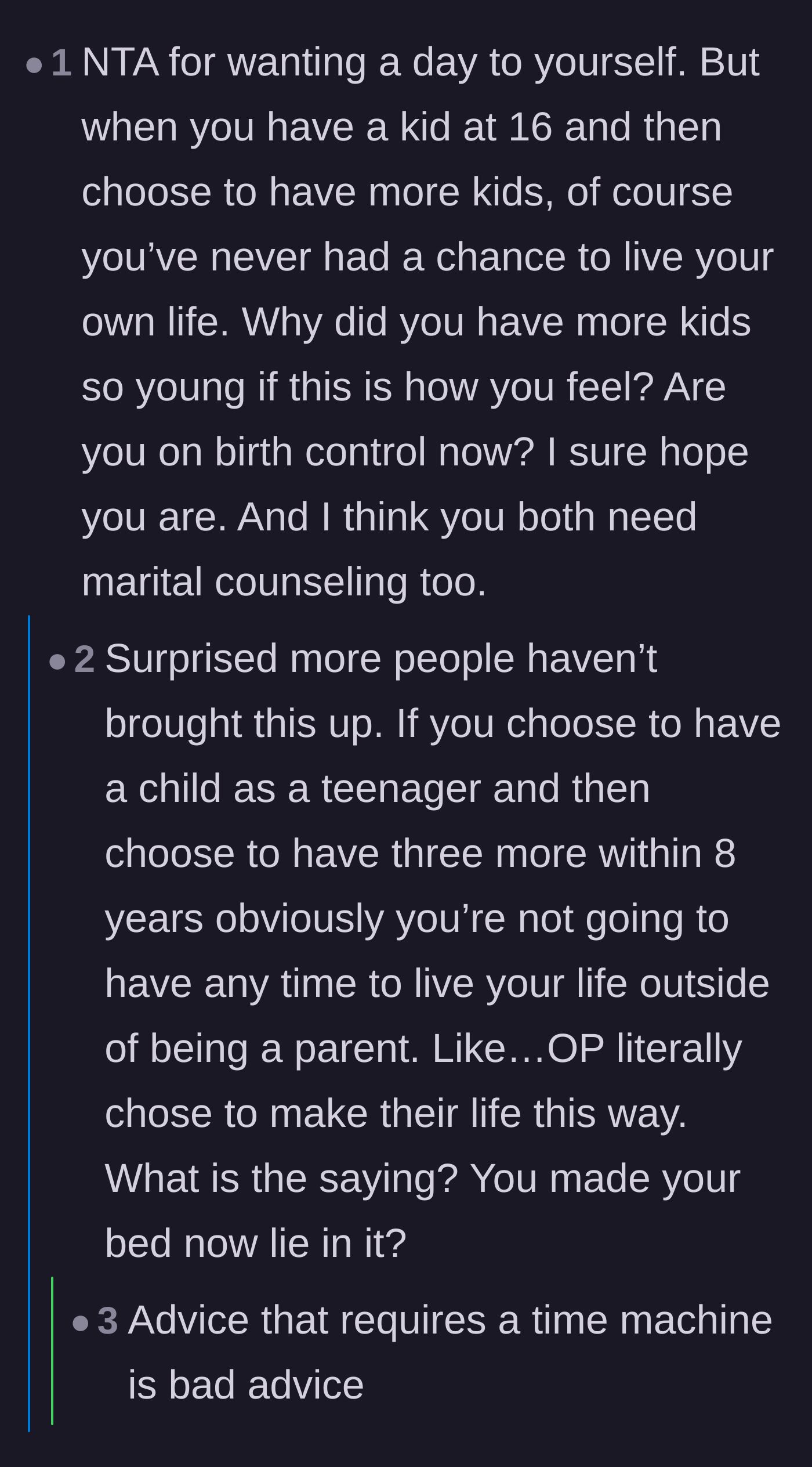 Comment thread 6 - A harsh debate over judging the young mother's past choices versus offering empathy for her current burnout