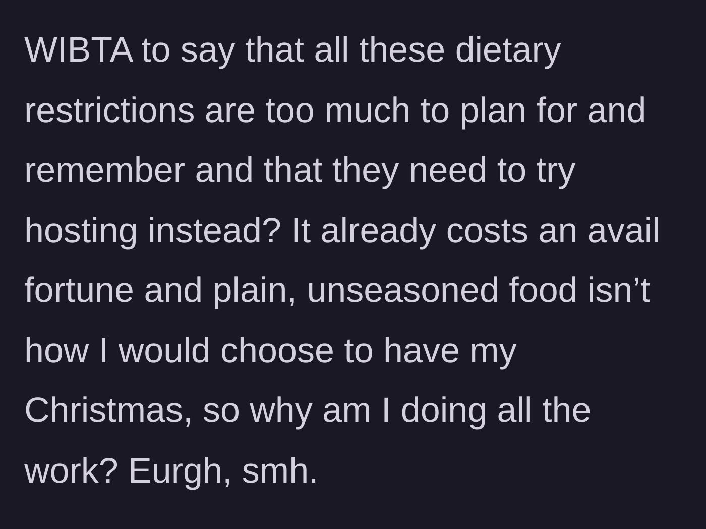 Story part 6 - Questioning if she is in the wrong for refusing to fund and cook an unseasoned, stressful holiday.