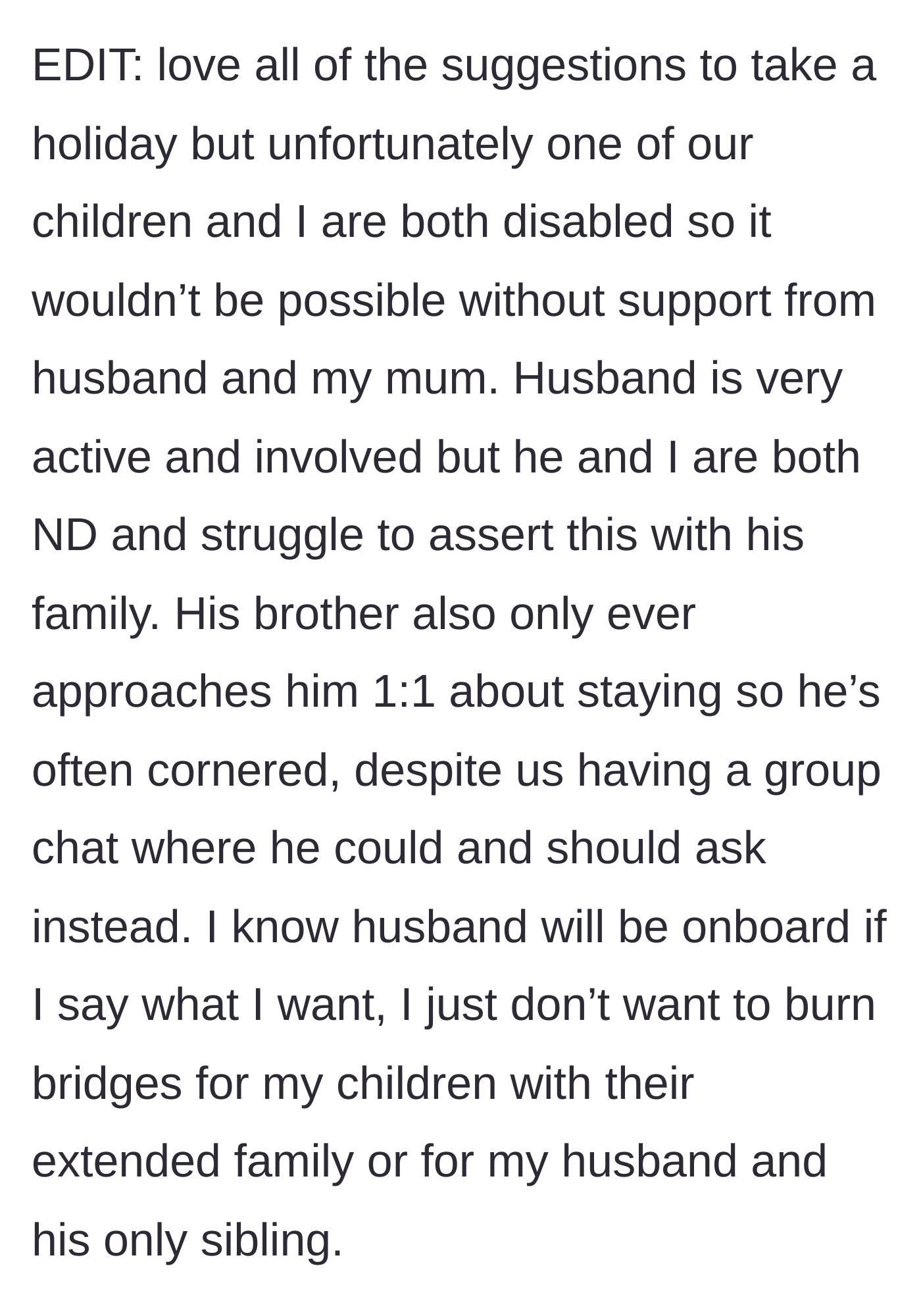 Story part 7 - Editing to explain that she and her child are disabled, her husband is neurodivergent and gets cornered, and she fears burning bridges.