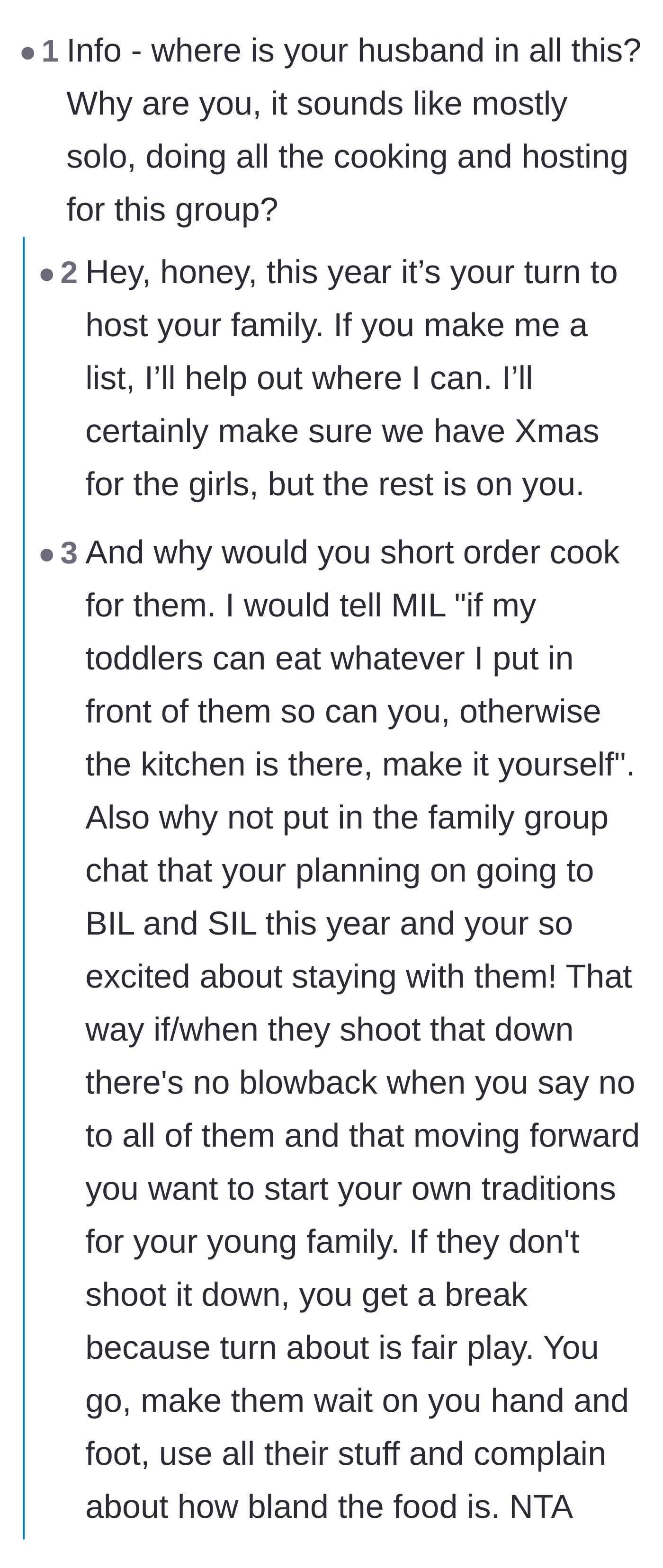Comment thread 2 - Calling out the husband's lack of support and suggesting the mother-in-law cook her own bland meals.
