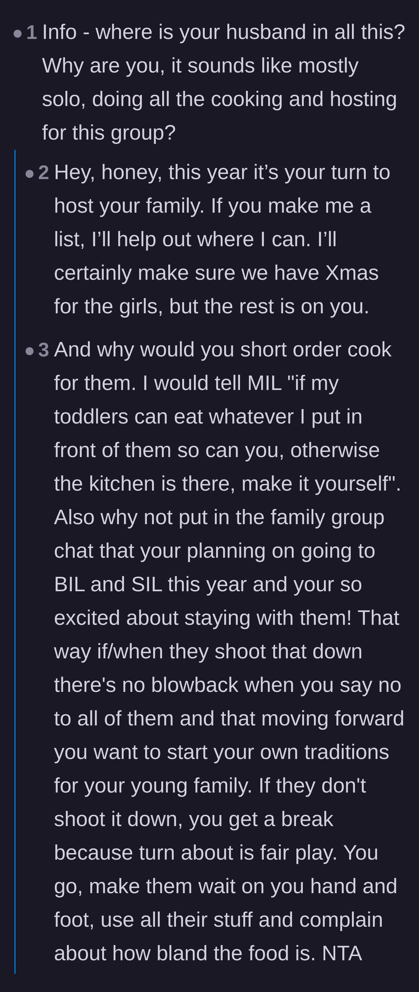 Comment thread 2 - Calling out the husband's lack of support and suggesting the mother-in-law cook her own bland meals.
