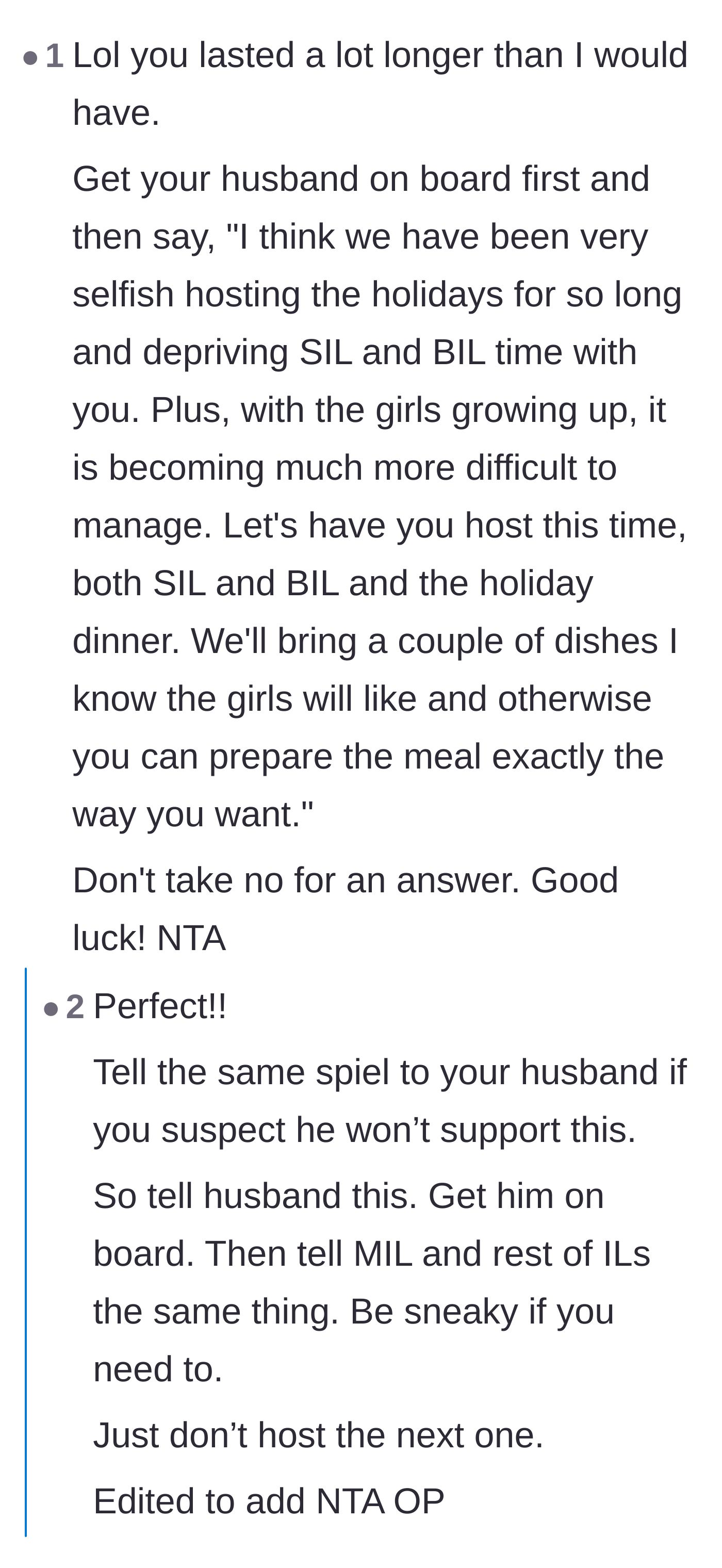 Comment thread 4 - A hilariously passive-aggressive script for forcing the in-laws to host by pretending to be generous.