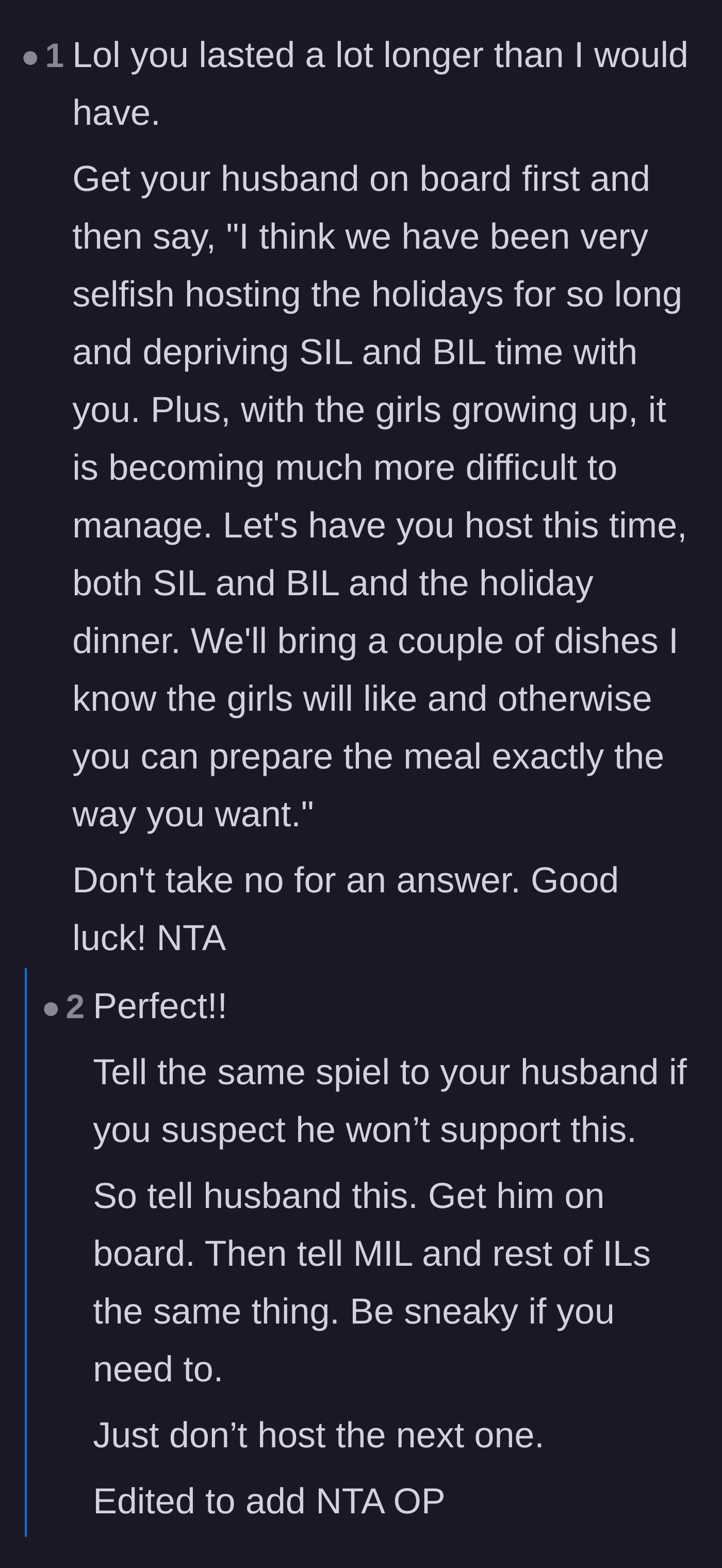 Comment thread 4 - A hilariously passive-aggressive script for forcing the in-laws to host by pretending to be generous.