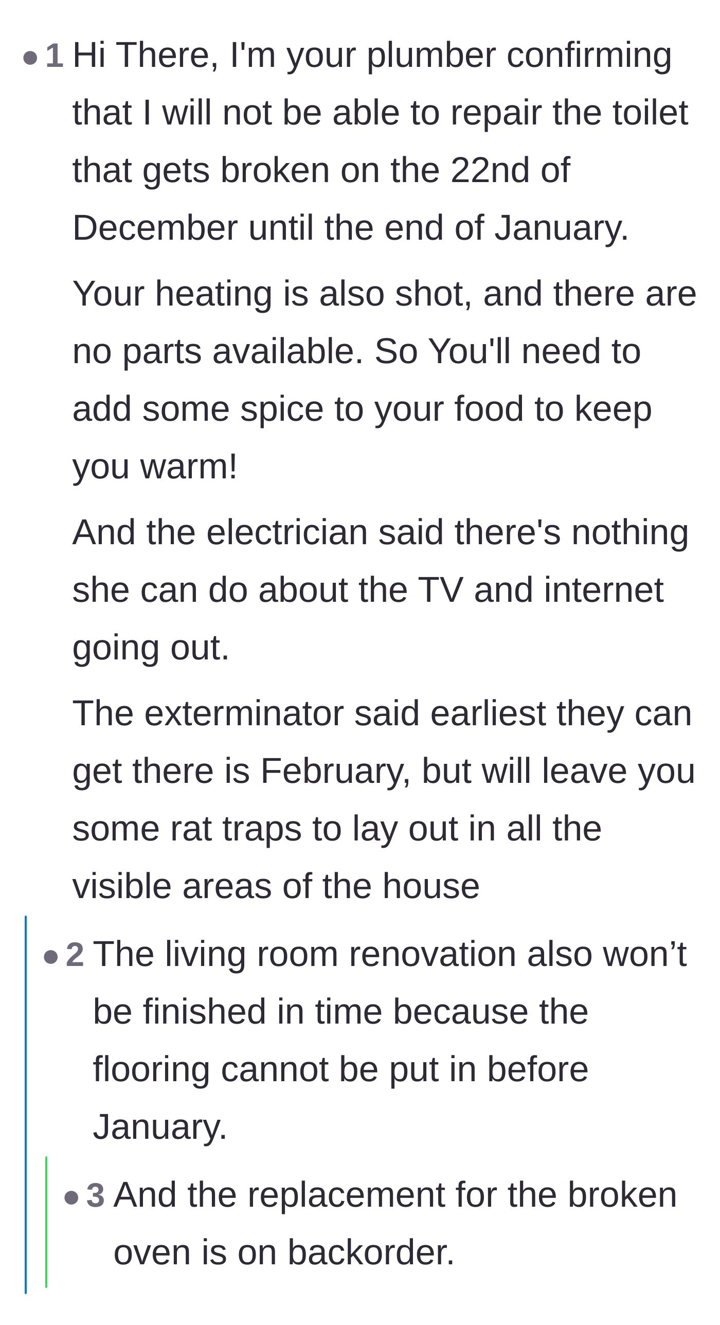 Comment thread 5 - A joke thread acting as fake contractors canceling the home's plumbing, heating, and appliances right before Christmas.