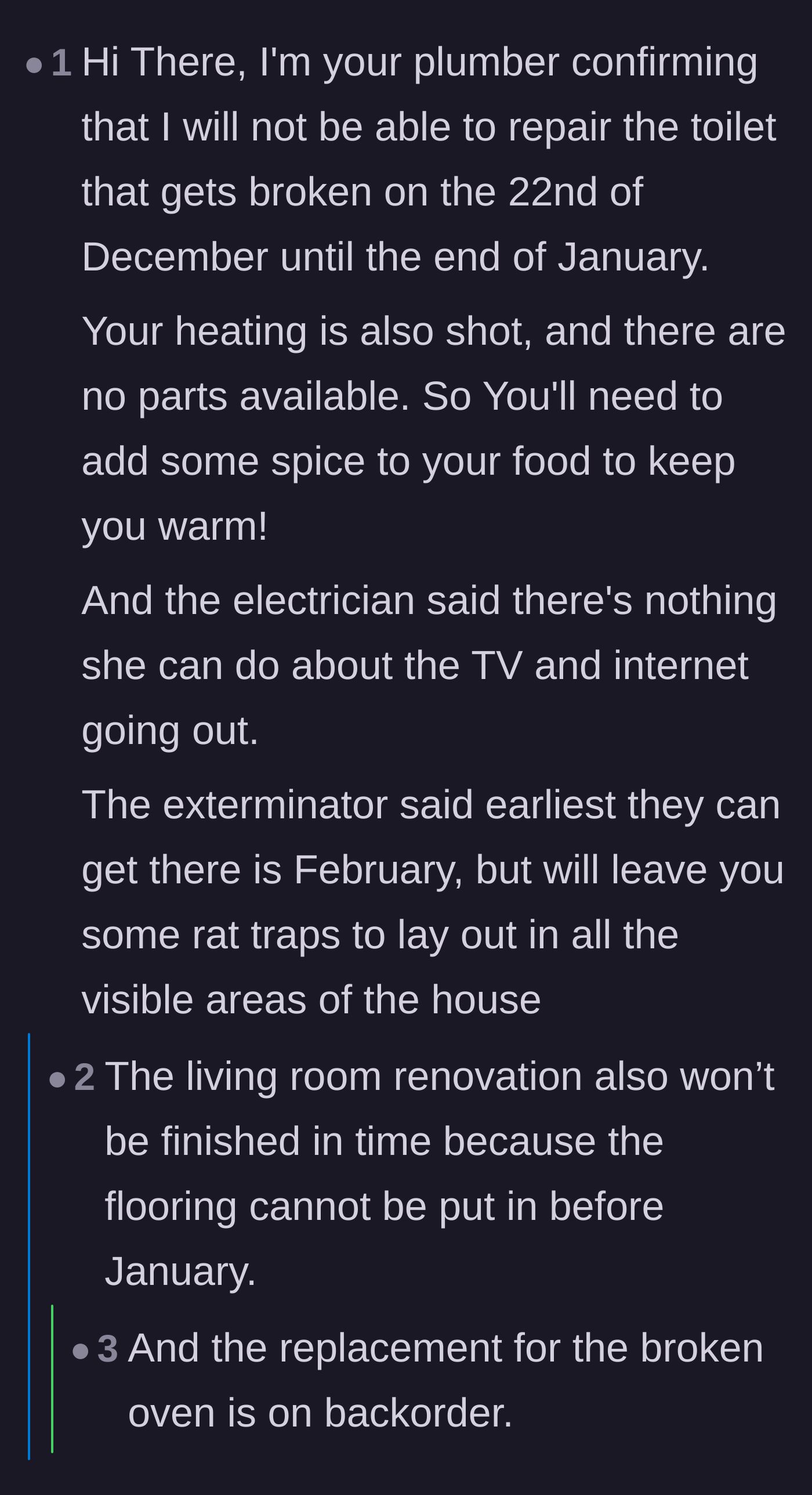 Comment thread 5 - A joke thread acting as fake contractors canceling the home's plumbing, heating, and appliances right before Christmas.