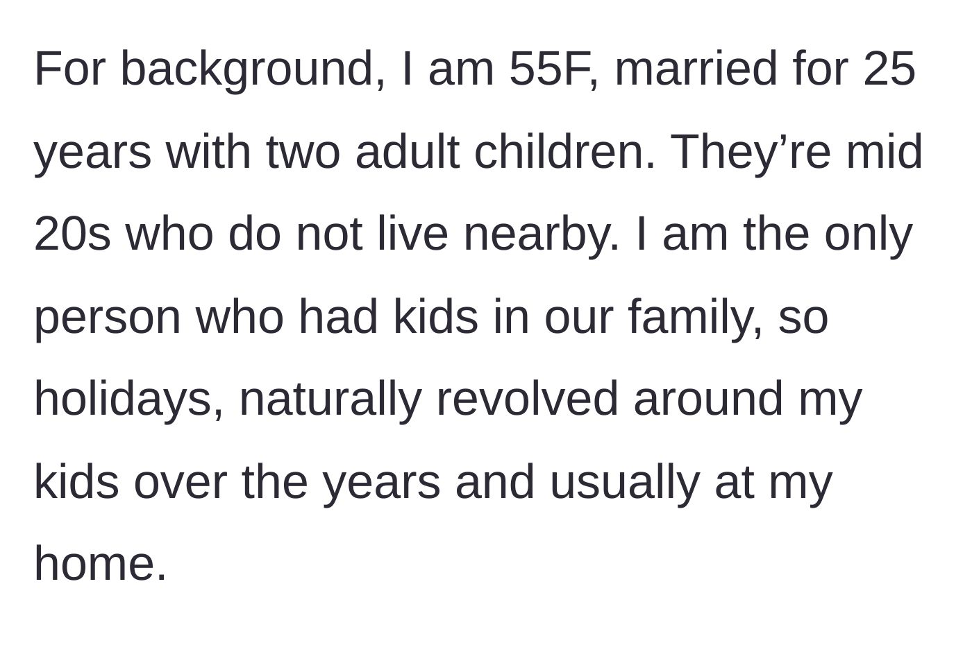 Story part 1 - Introduction to the 55-year-old mother who has hosted family holidays for decades.