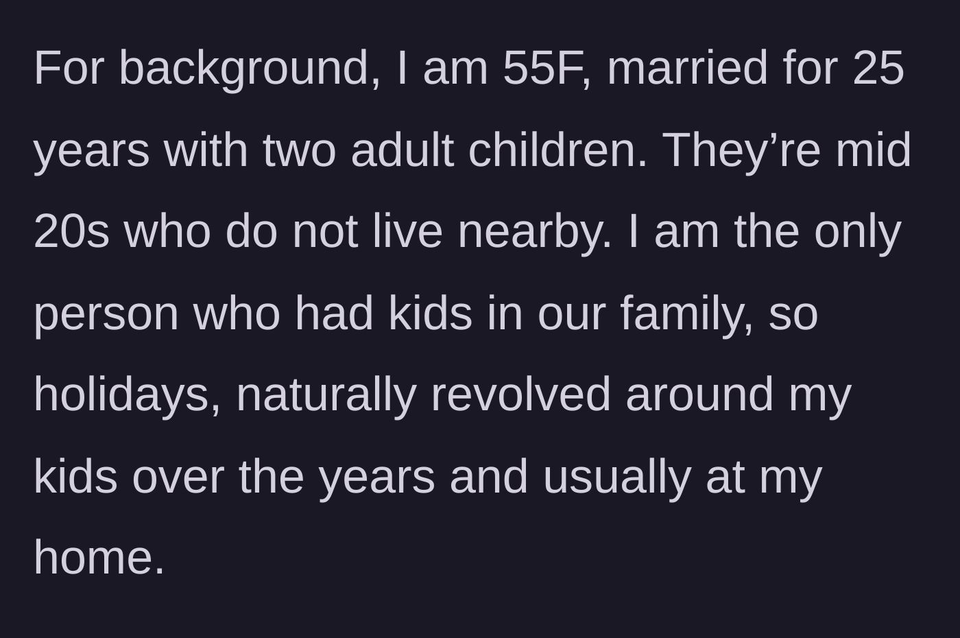Story part 1 - Introduction to the 55-year-old mother who has hosted family holidays for decades.
