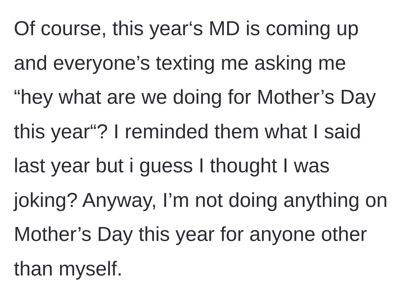 Story part 4 - Relatives text to ask about this year's plans, ignoring her previous boundary.