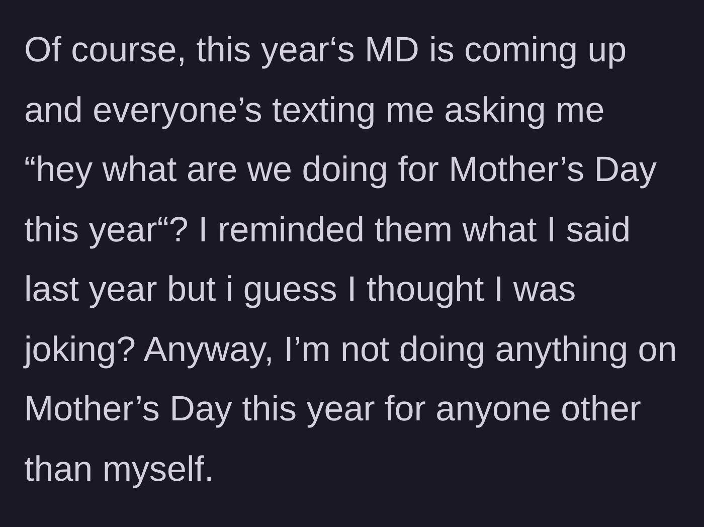 Story part 4 - Relatives text to ask about this year's plans, ignoring her previous boundary.