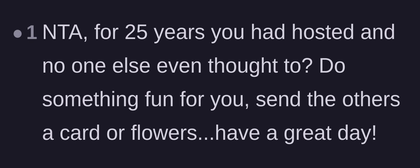 Comment thread 2 - Outrage over the fact that no other family member offered to host for 25 years.