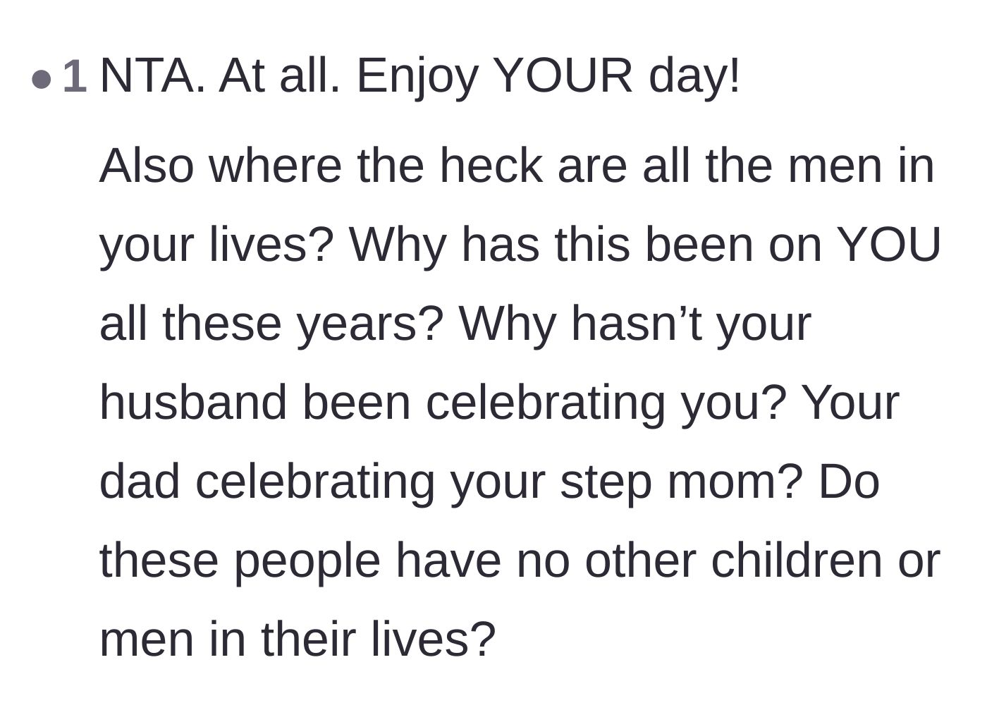 Comment thread 6 - Pointed questions asking why the husbands and fathers in the family haven't stepped up to celebrate the mothers.