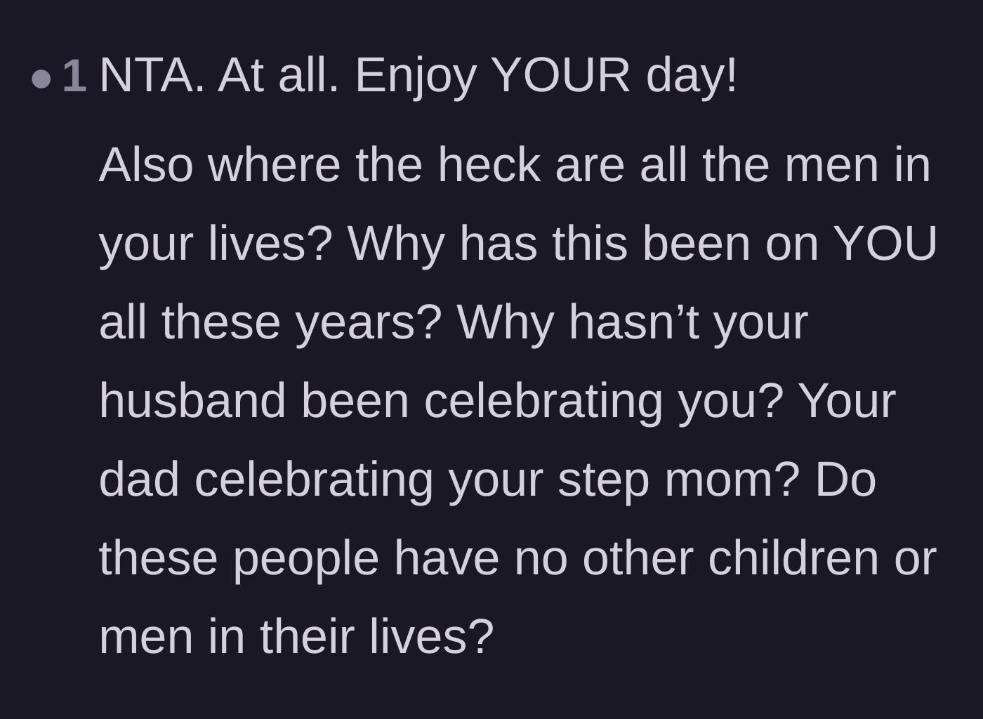 Comment thread 6 - Pointed questions asking why the husbands and fathers in the family haven't stepped up to celebrate the mothers.