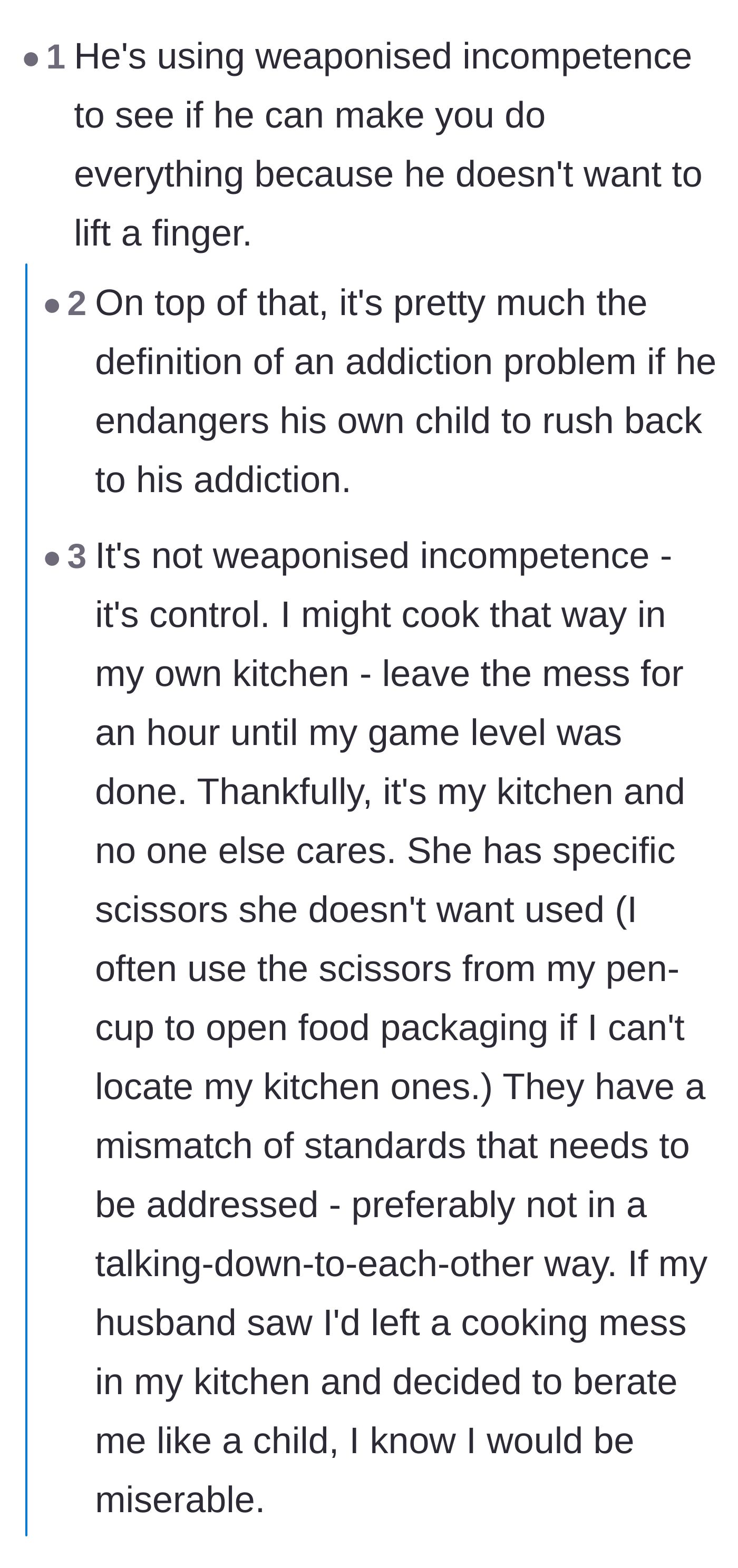 Comment thread 1 - A debate on whether the husband's actions were weaponized incompetence or just a controlling attempt to finish his video game