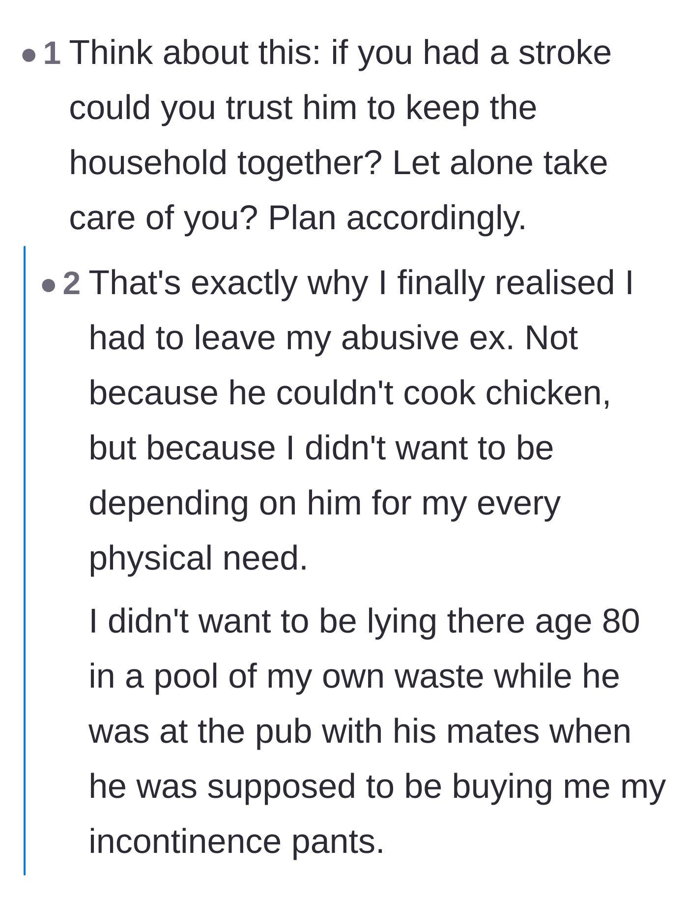 Comment thread 5 - A heartbreaking discussion about the 'stroke test' and whether women can truly rely on their partners in a medical emergency