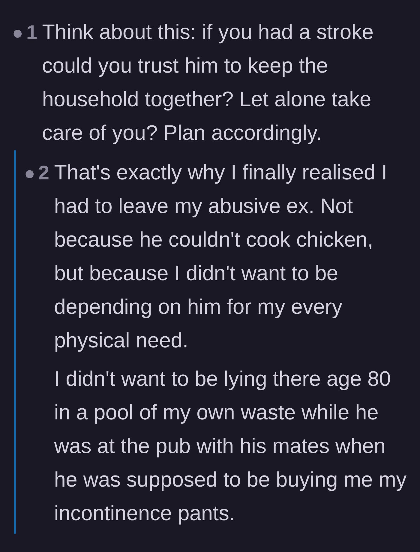 Comment thread 5 - A heartbreaking discussion about the 'stroke test' and whether women can truly rely on their partners in a medical emergency