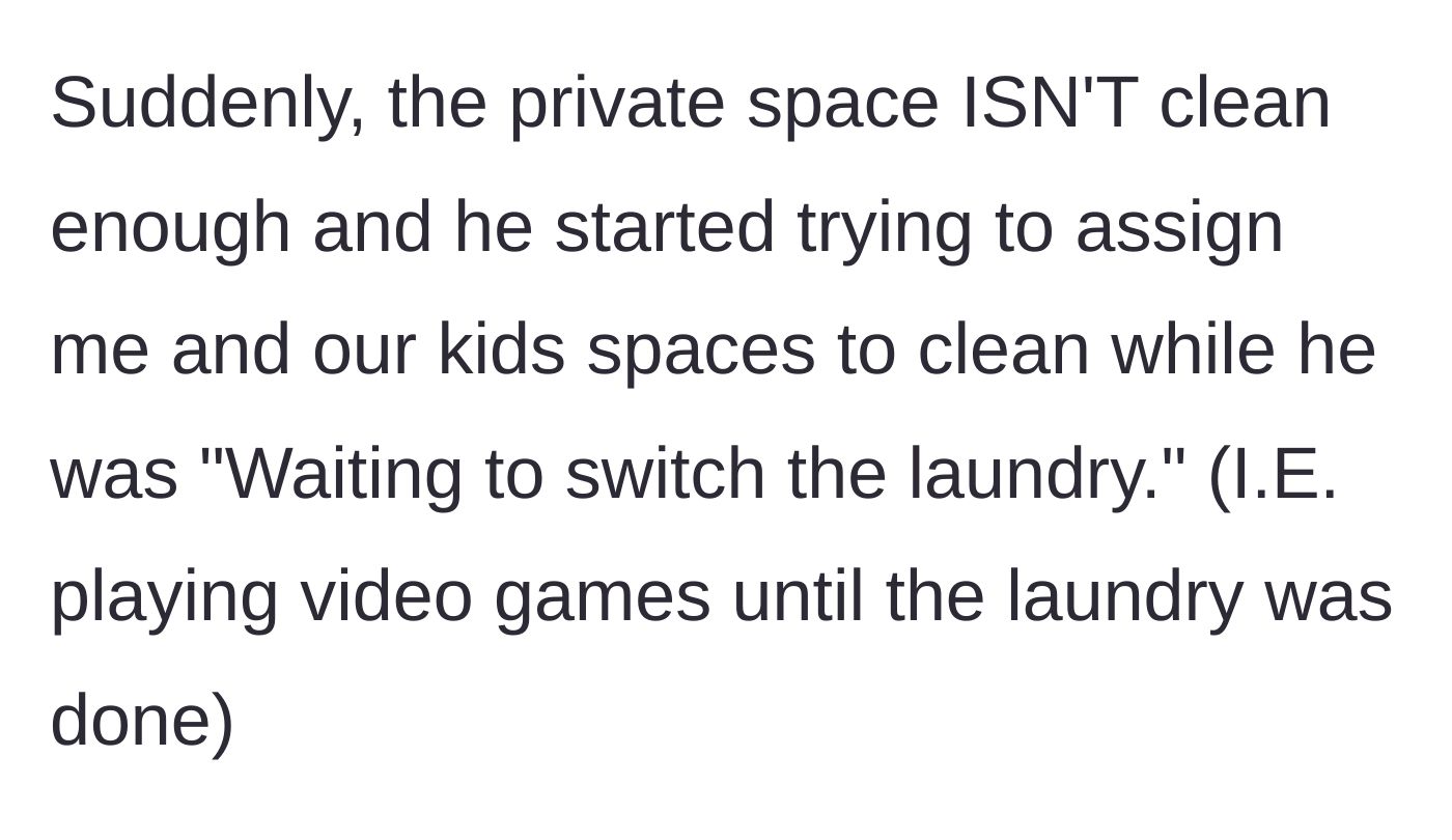 Story part 5 - The husband panics about the mess and orders her and the kids to clean while he plays video games.