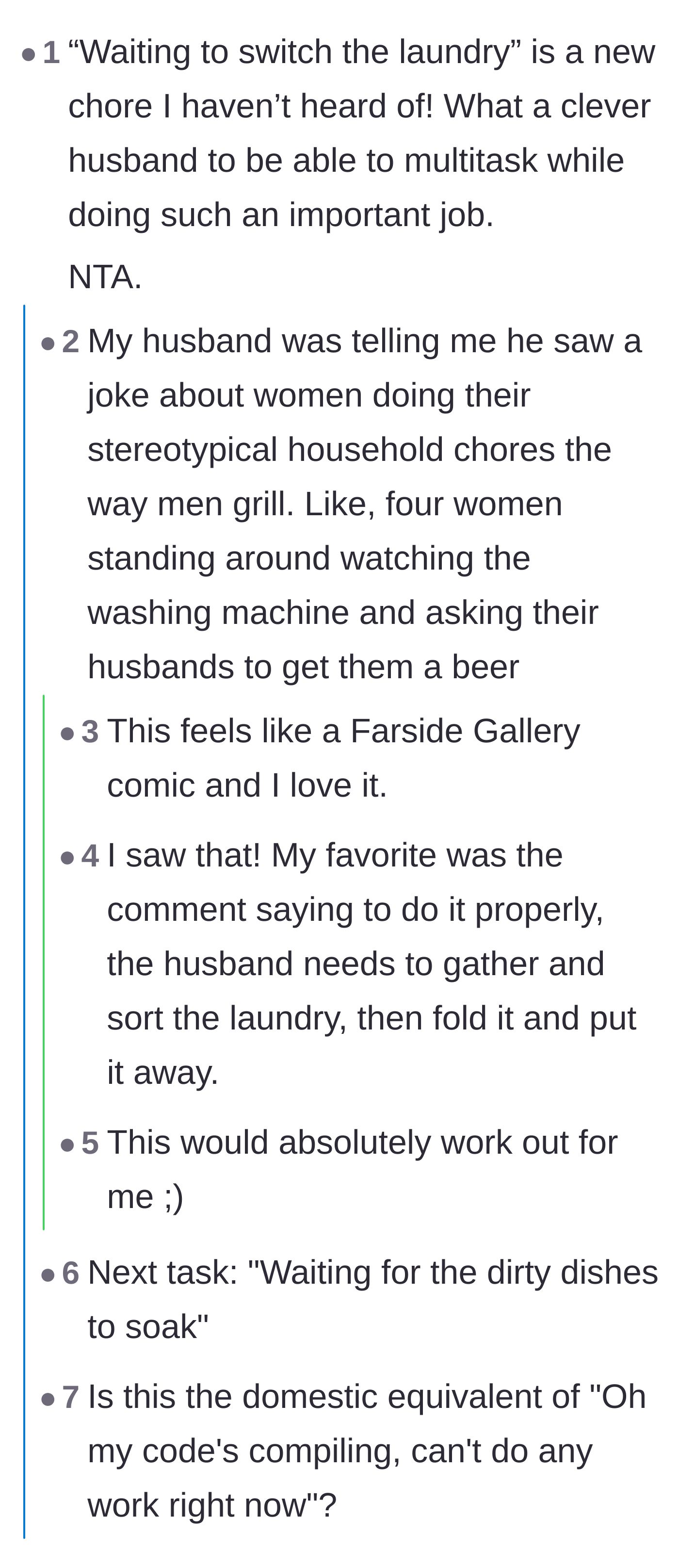 Comment thread 1 - Readers sharing hilarious but frustrating stories about the creative excuses partners use to avoid household chores.