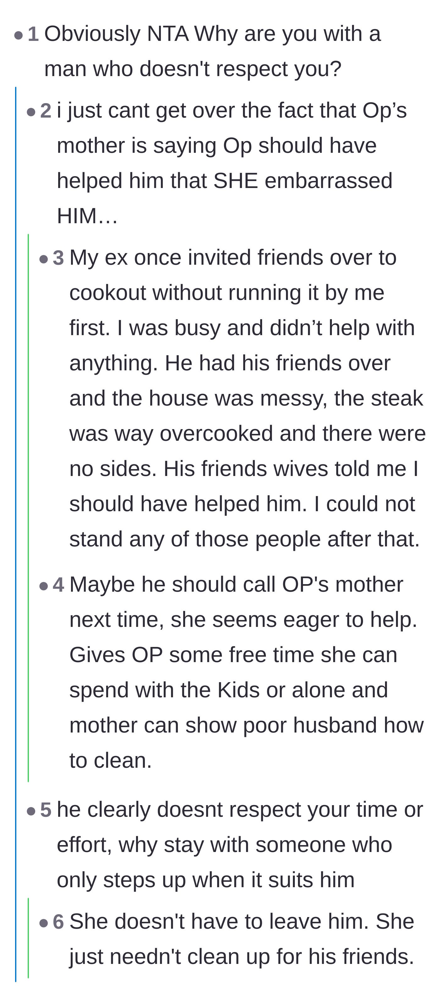 Comment thread 5 - Readers expressing outrage over the main character's mother and sharing stories of society treating grown men like helpless toddlers.