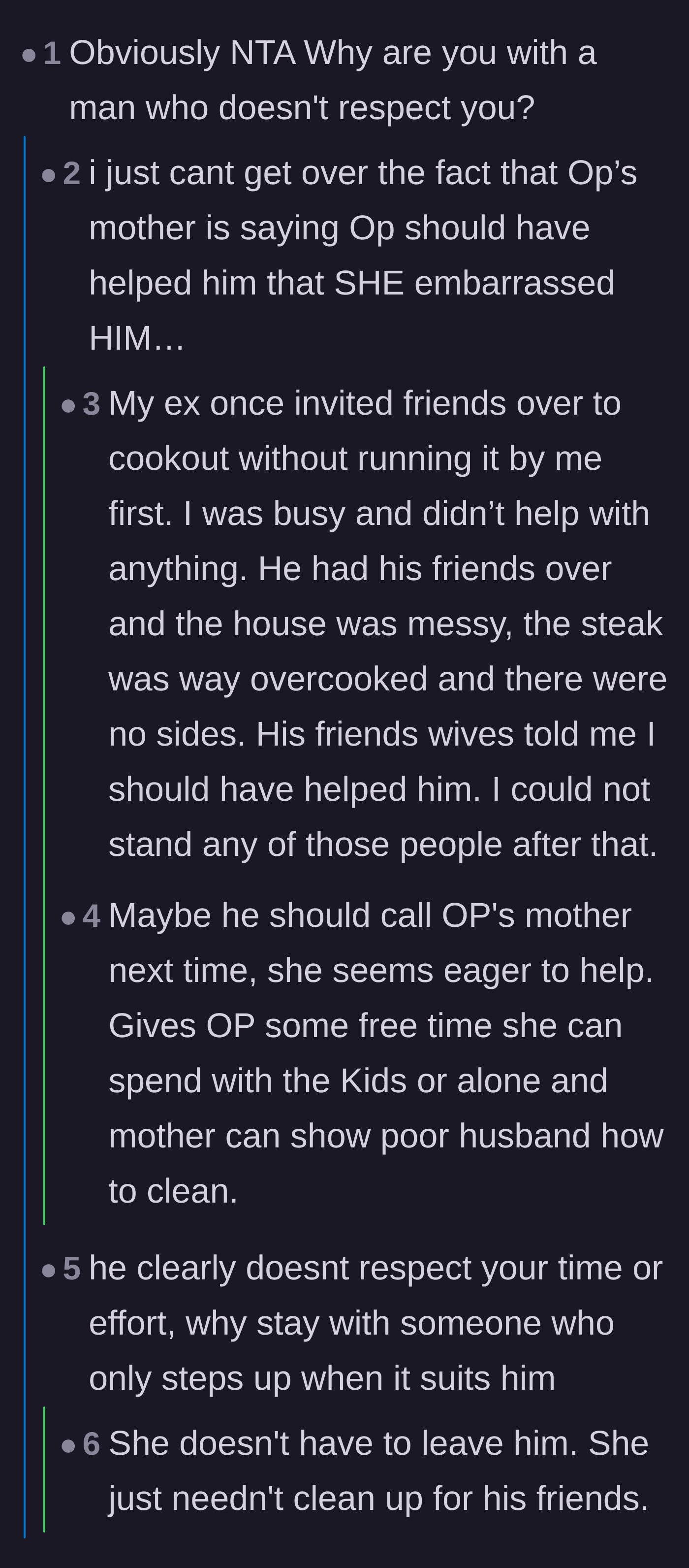 Comment thread 5 - Readers expressing outrage over the main character's mother and sharing stories of society treating grown men like helpless toddlers.