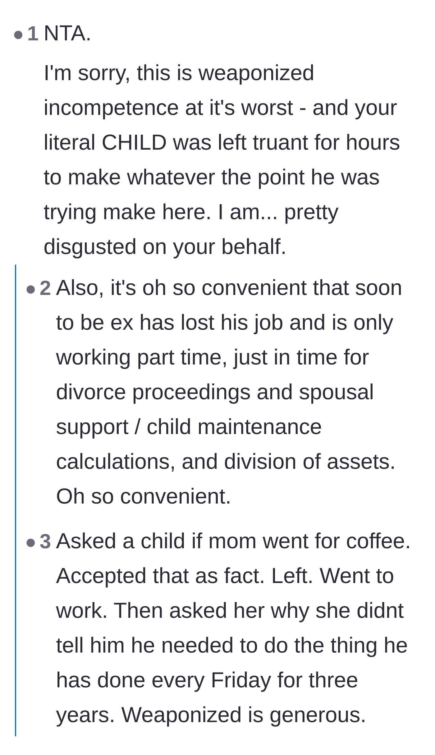 Comment thread 3 - Discussion about the convenience of the husband taking a low-paying cash job right before a divorce.
