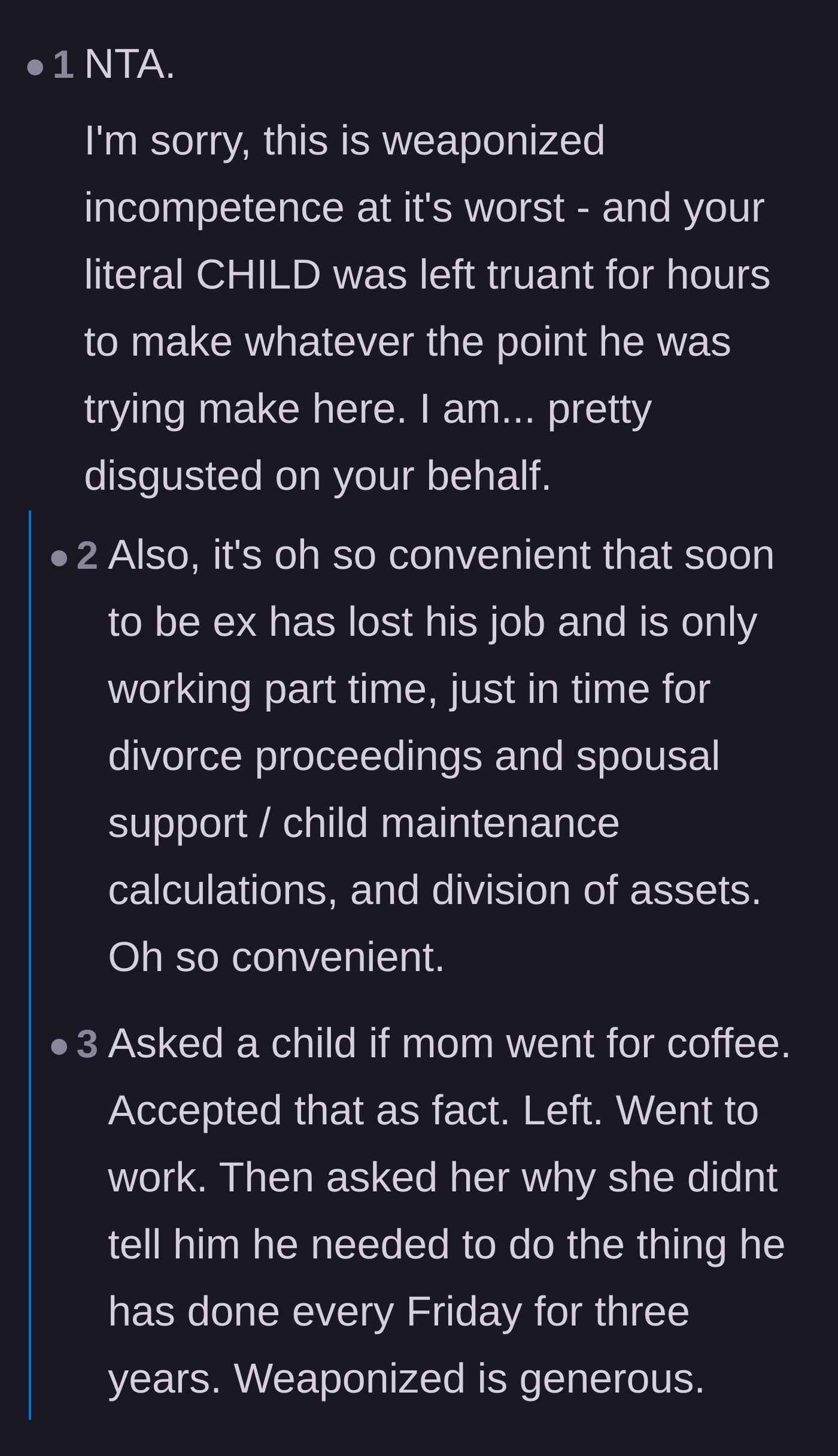Comment thread 3 - Discussion about the convenience of the husband taking a low-paying cash job right before a divorce.