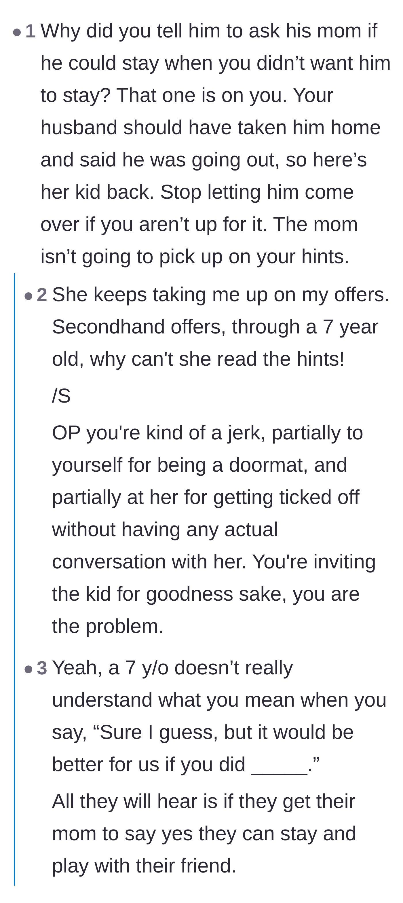 Comment thread 1 - Debate about the host mother using a seven-year-old to communicate her boundaries