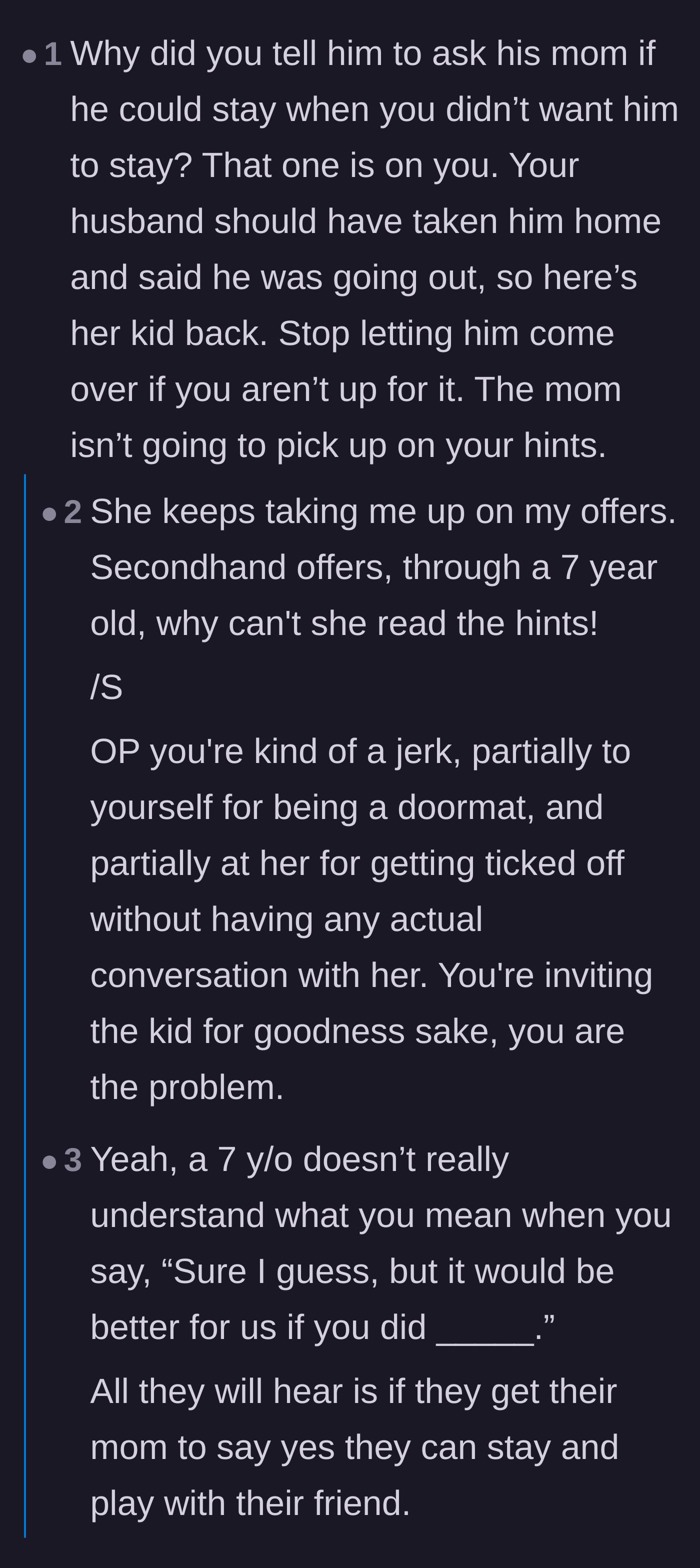 Comment thread 1 - Debate about the host mother using a seven-year-old to communicate her boundaries