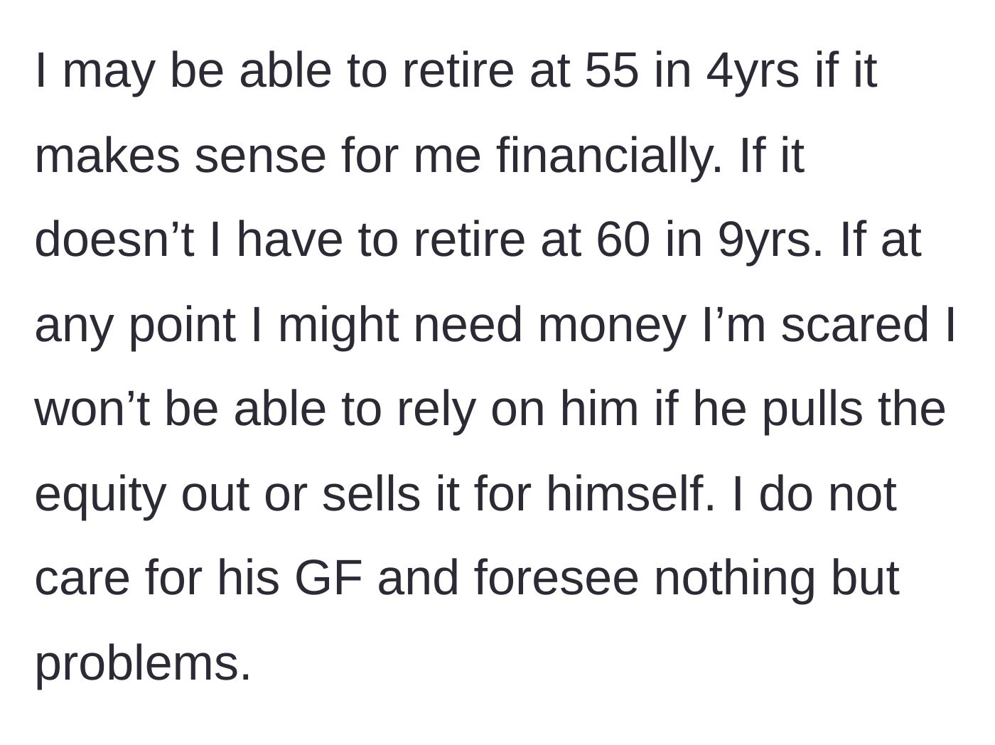 Story part 4 - Mother realizes giving away the condo could ruin her own retirement plans.
