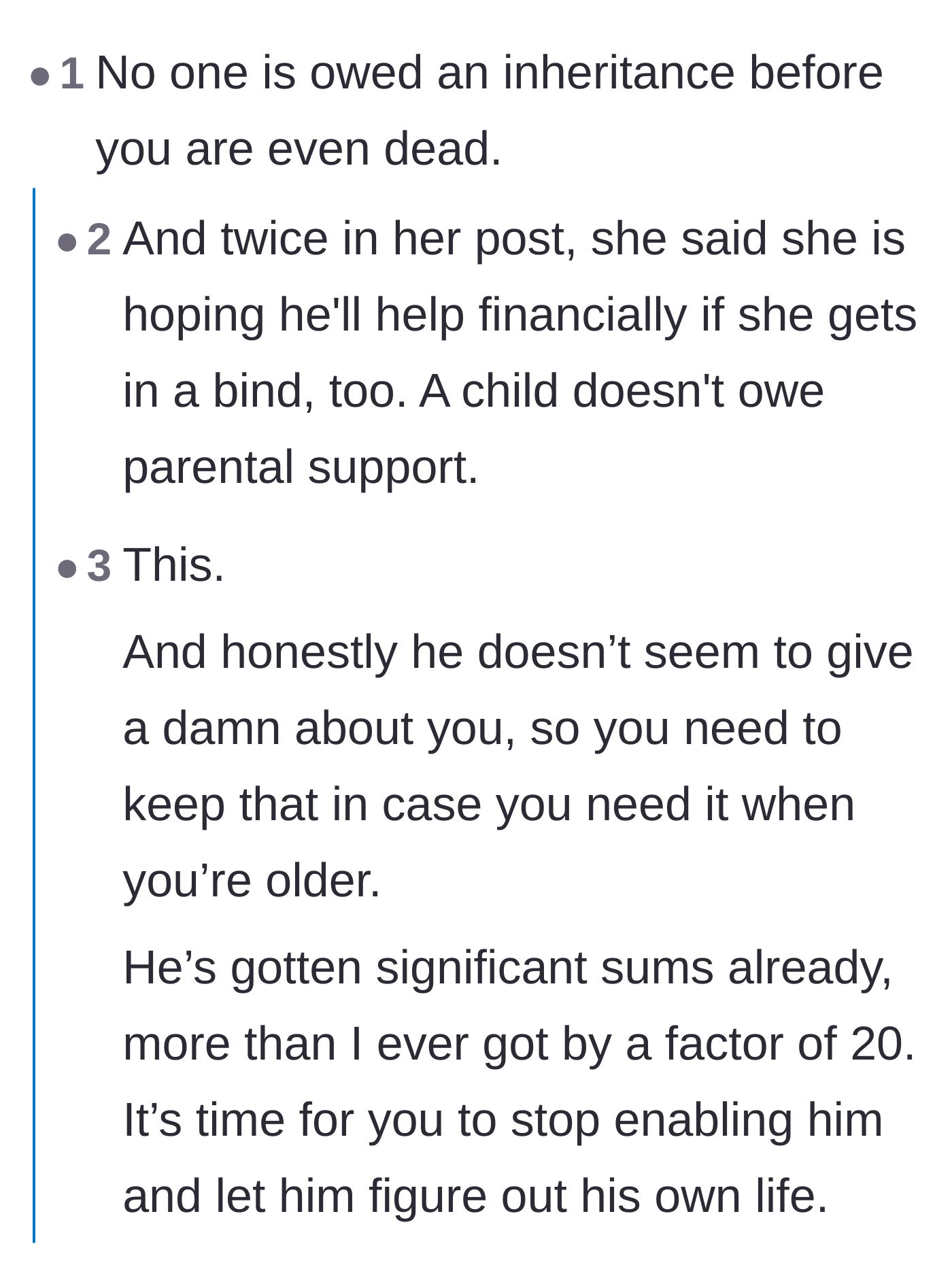 Comment thread 1 - Commenters discuss the moral versus legal obligations between parent and child, noting the son won't support her in old age.