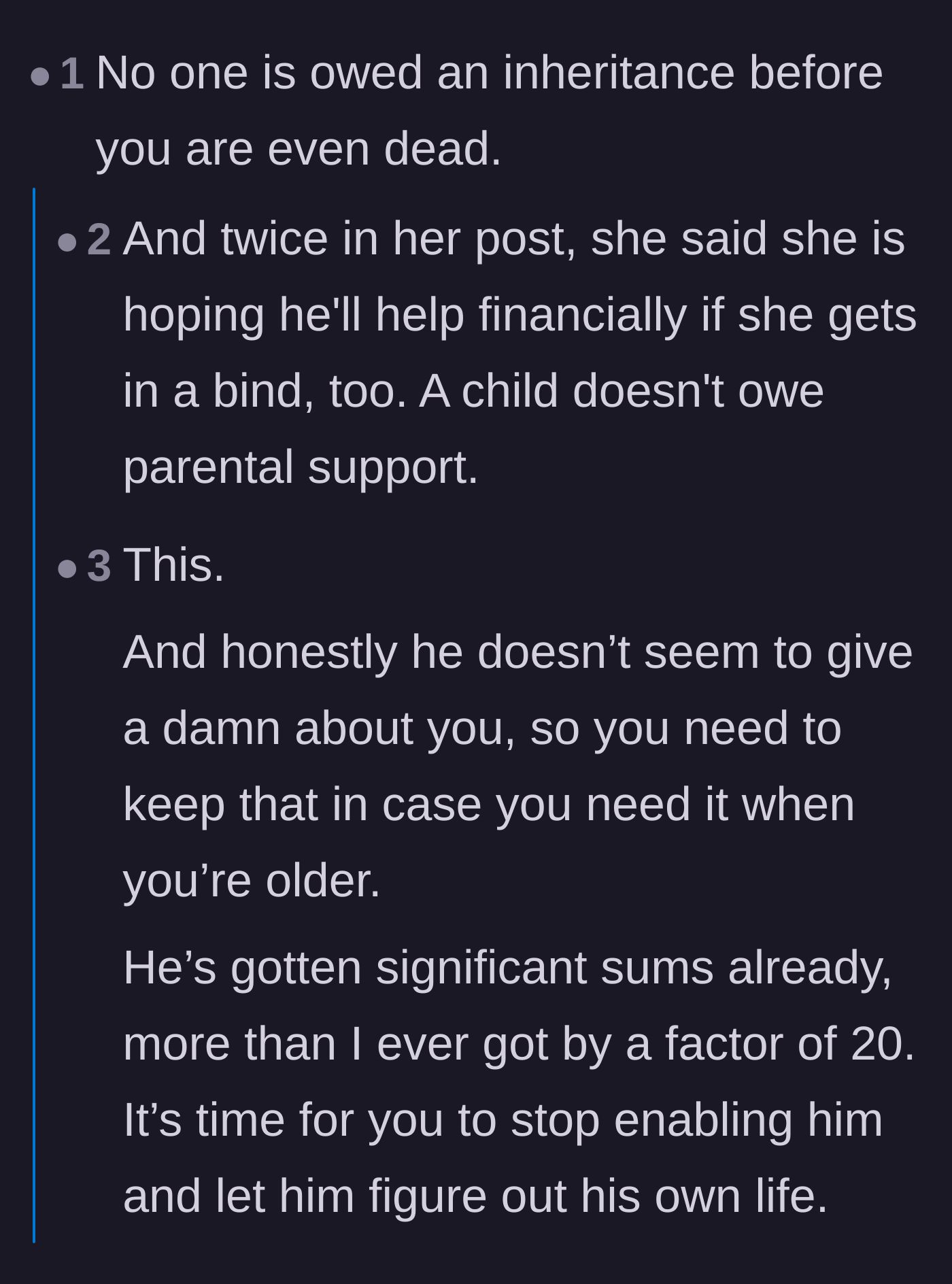 Comment thread 1 - Commenters discuss the moral versus legal obligations between parent and child, noting the son won't support her in old age.