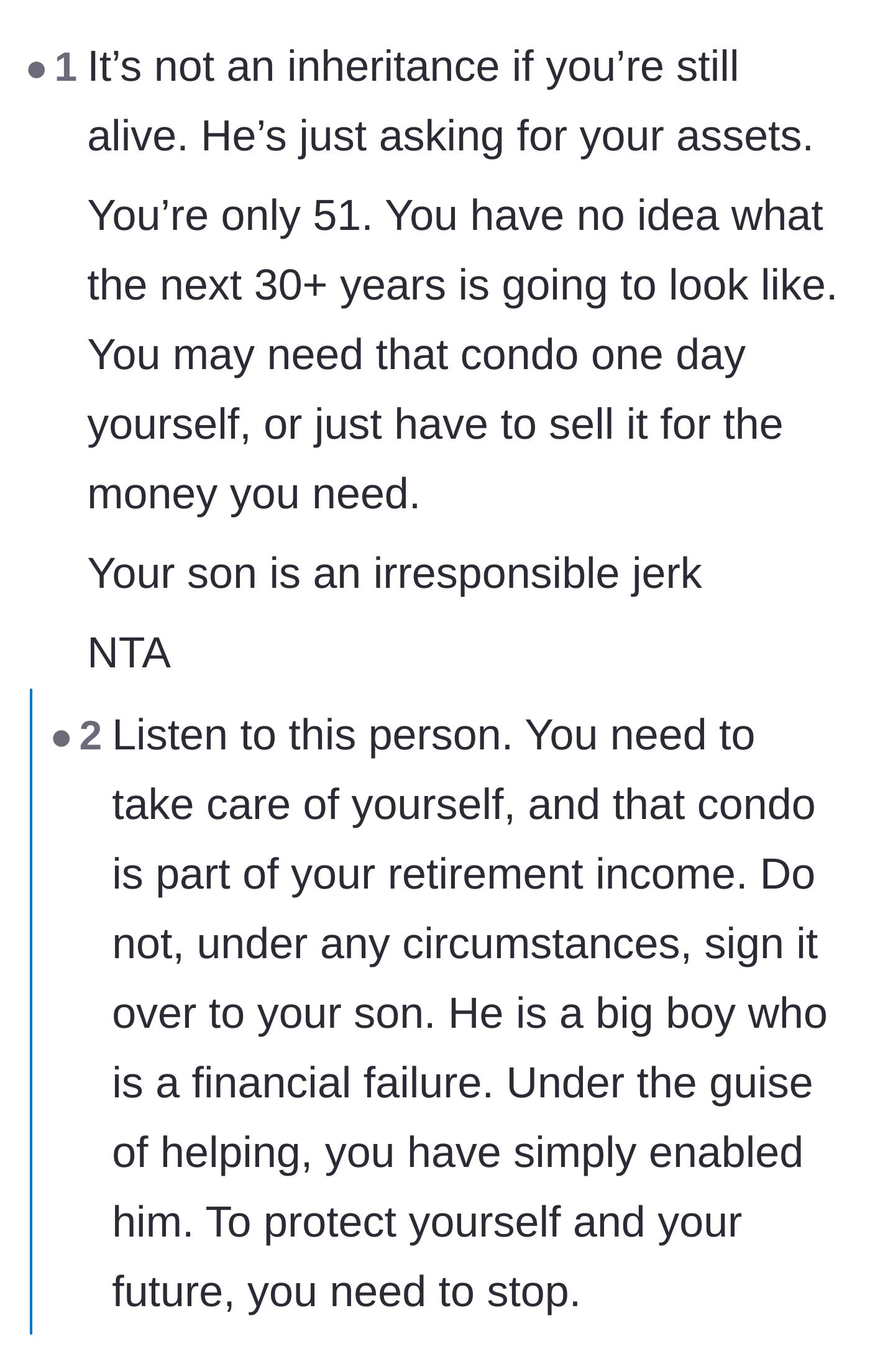 Comment thread 2 - Advice urging the mother to protect her retirement and warning her that her son views her as a cash cow.
