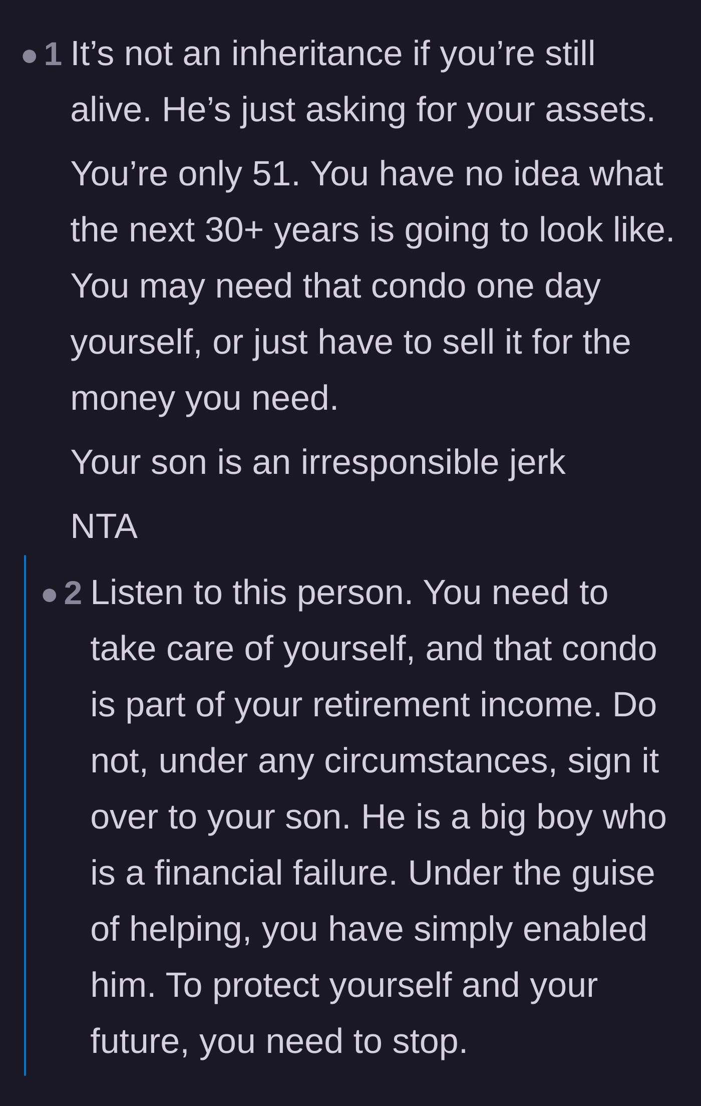 Comment thread 2 - Advice urging the mother to protect her retirement and warning her that her son views her as a cash cow.