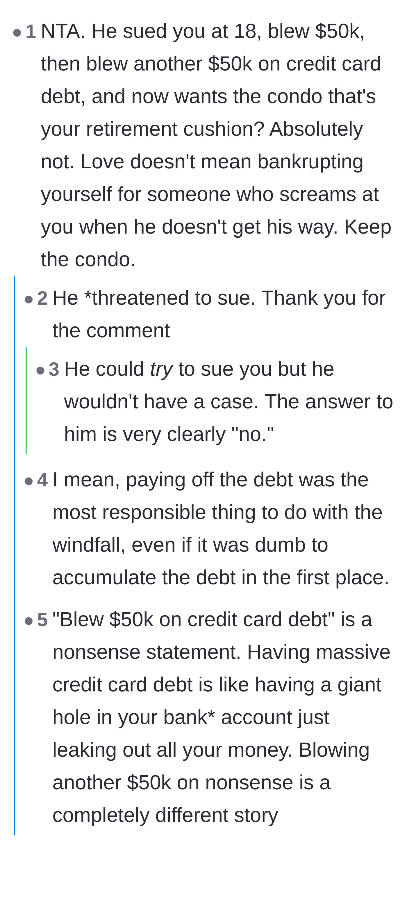 Comment thread 3 - A debate over the son blowing his first $100k, with the community rejecting his entitlement to the mother's remaining investments.