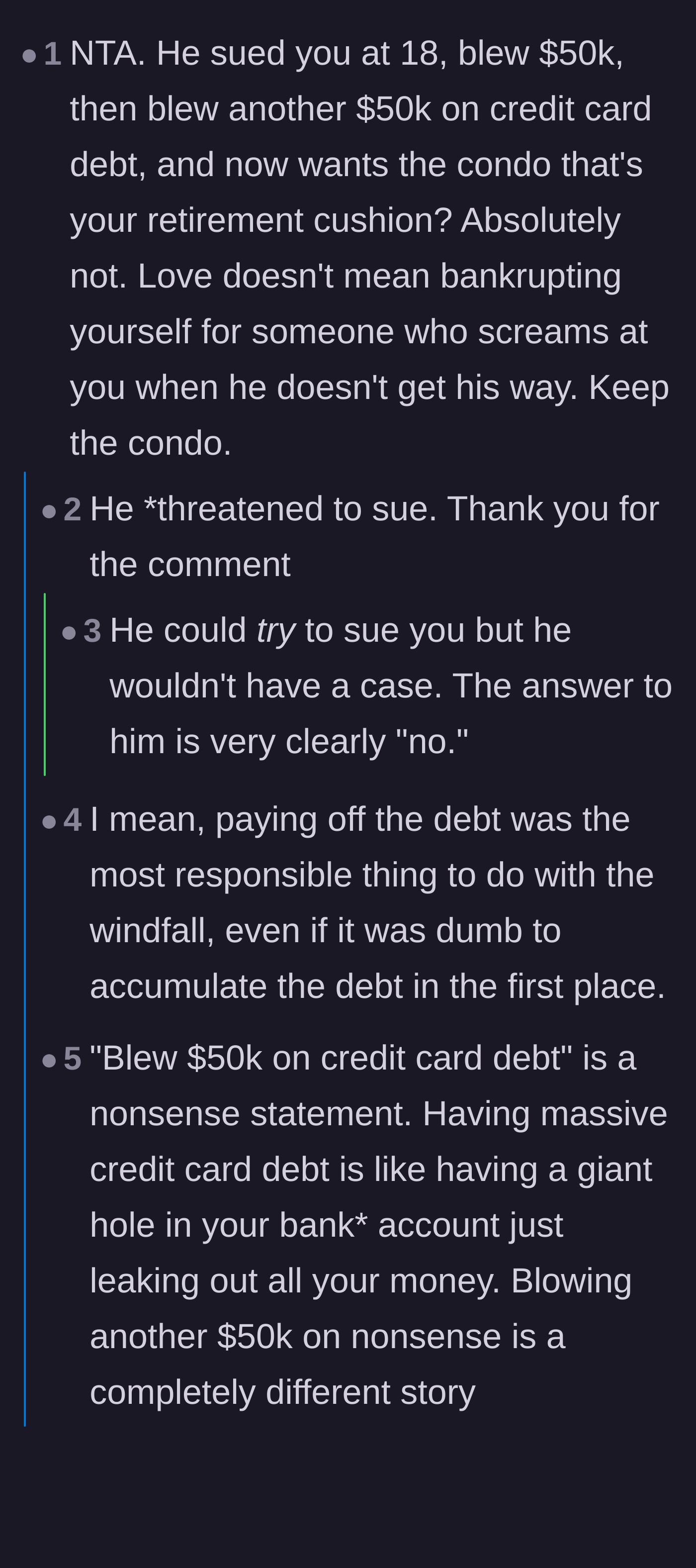 Comment thread 3 - A debate over the son blowing his first $100k, with the community rejecting his entitlement to the mother's remaining investments.
