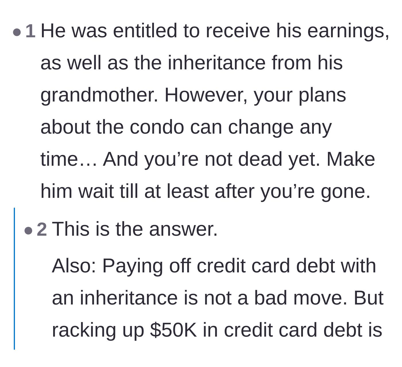 Comment thread 4 - Readers agree the son was entitled to his childhood earnings but point out the absurdity of demanding a house while racking up $50k in credit card debt.
