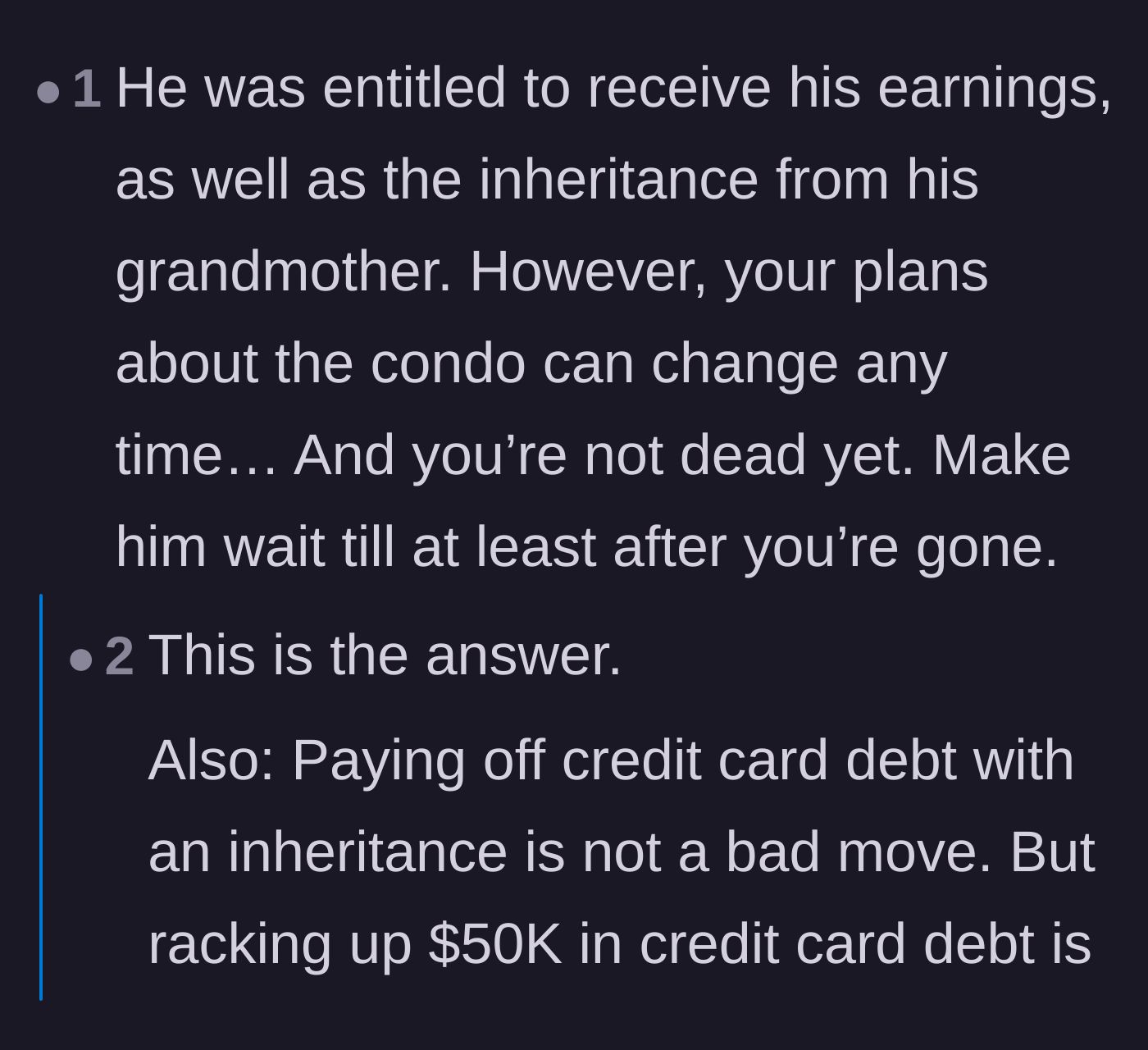 Comment thread 4 - Readers agree the son was entitled to his childhood earnings but point out the absurdity of demanding a house while racking up $50k in credit card debt.