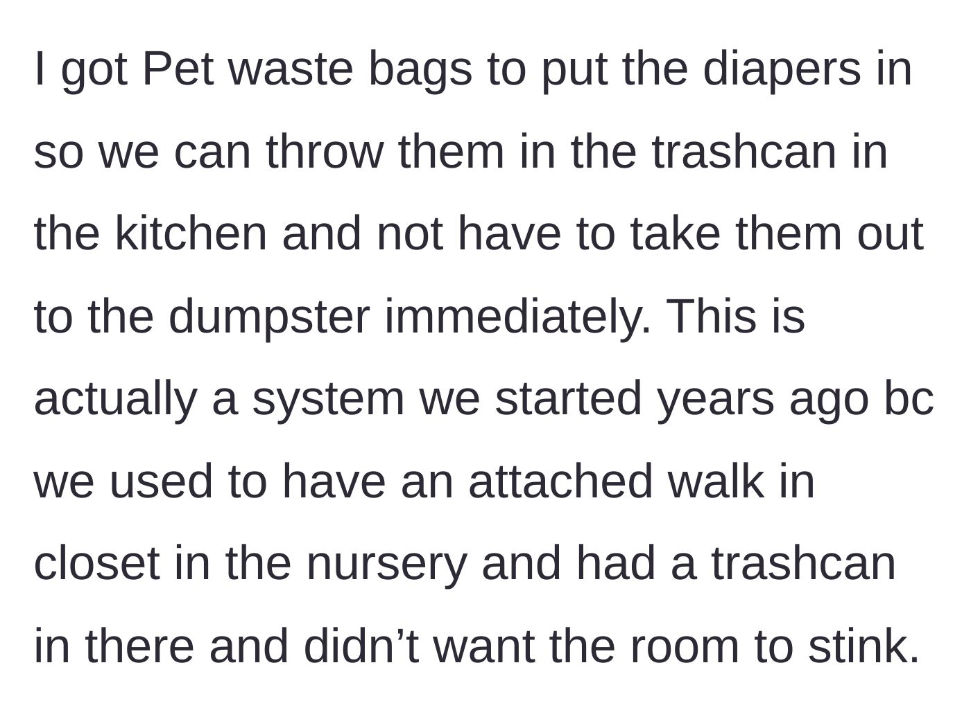 Story part 2 - The mother details her established, long-standing system of double-bagging diapers to prevent odor.