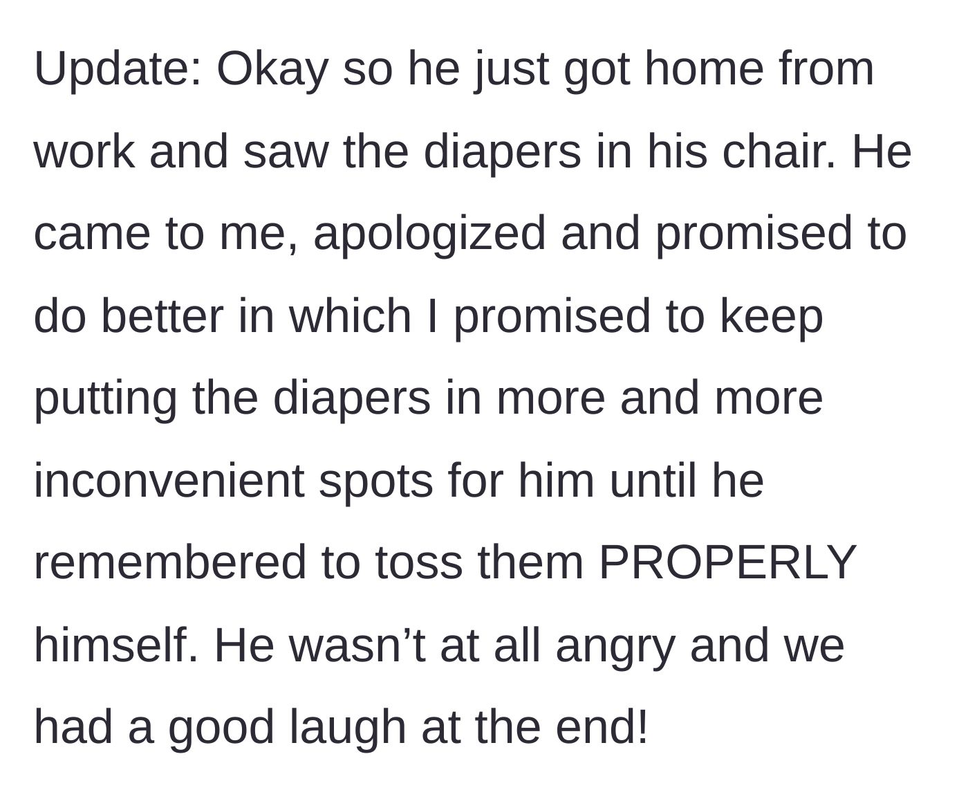 Story part 6 - The husband discovers the diapers, apologizes without anger, and they share a laugh over the ultimatum.