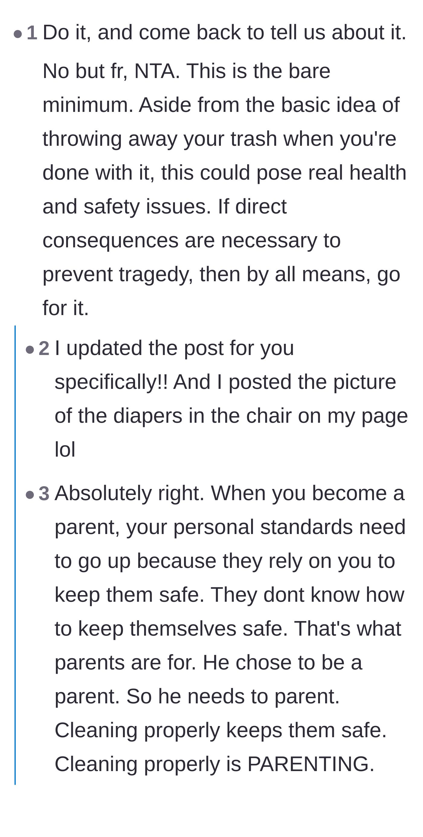Comment thread 1 - A discussion validating the health hazards of the diapers that evolves into a supportive conversation about the husband's unmedicated ADHD.