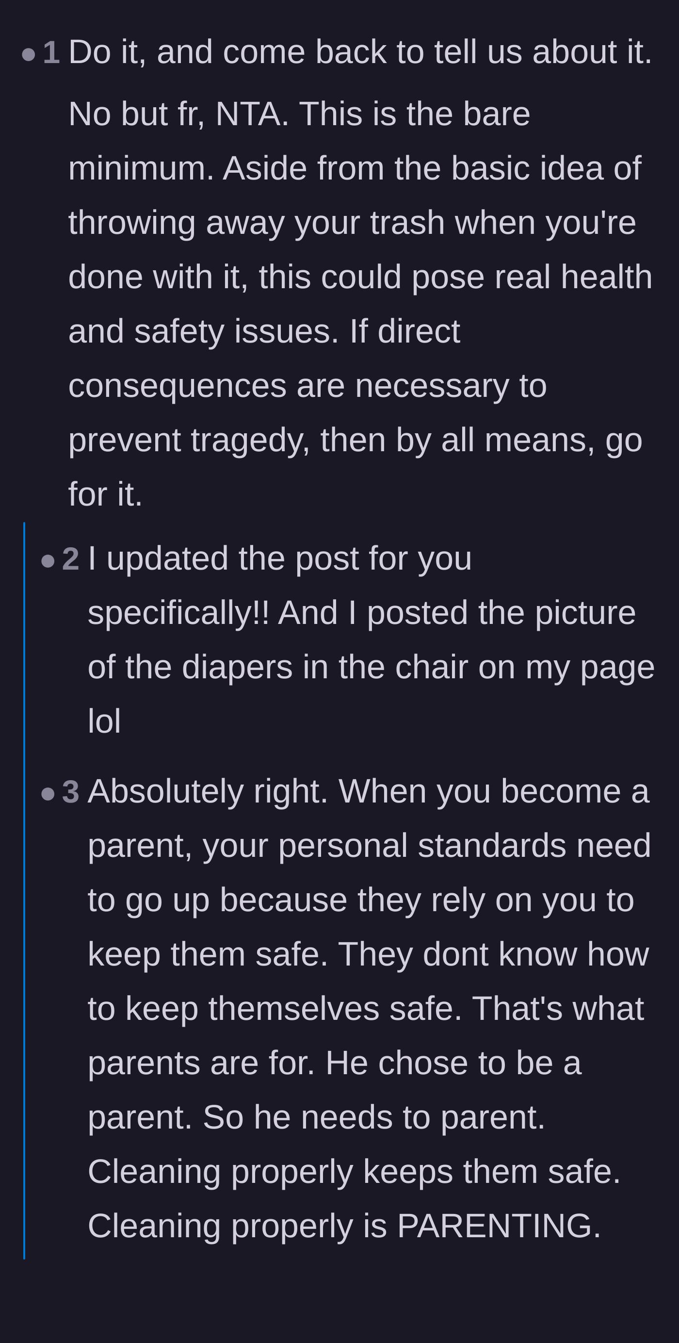 Comment thread 1 - A discussion validating the health hazards of the diapers that evolves into a supportive conversation about the husband's unmedicated ADHD.