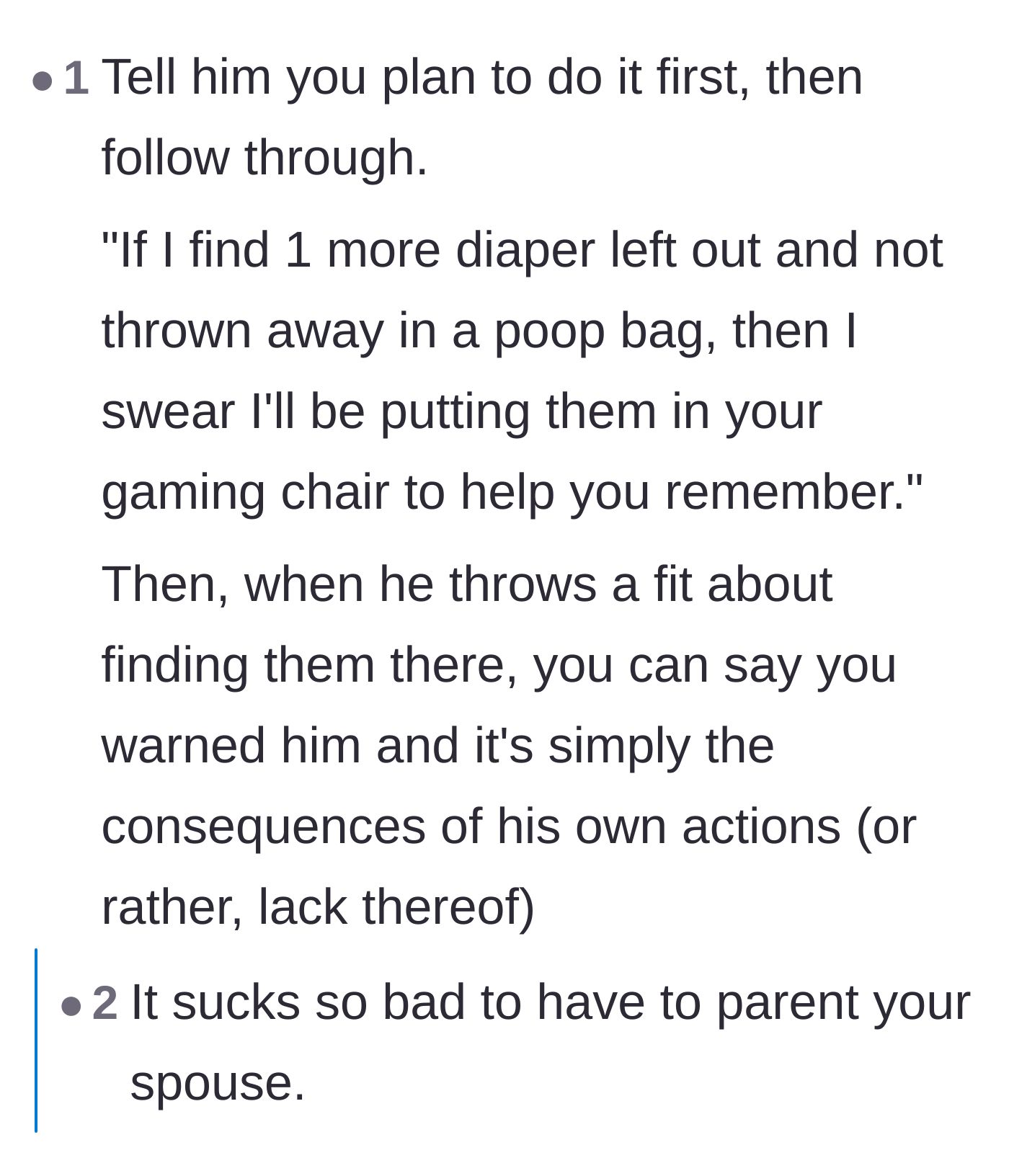 Comment thread 2 - Advice on giving the husband a final verbal warning before escalating to putting the diapers on his chair.