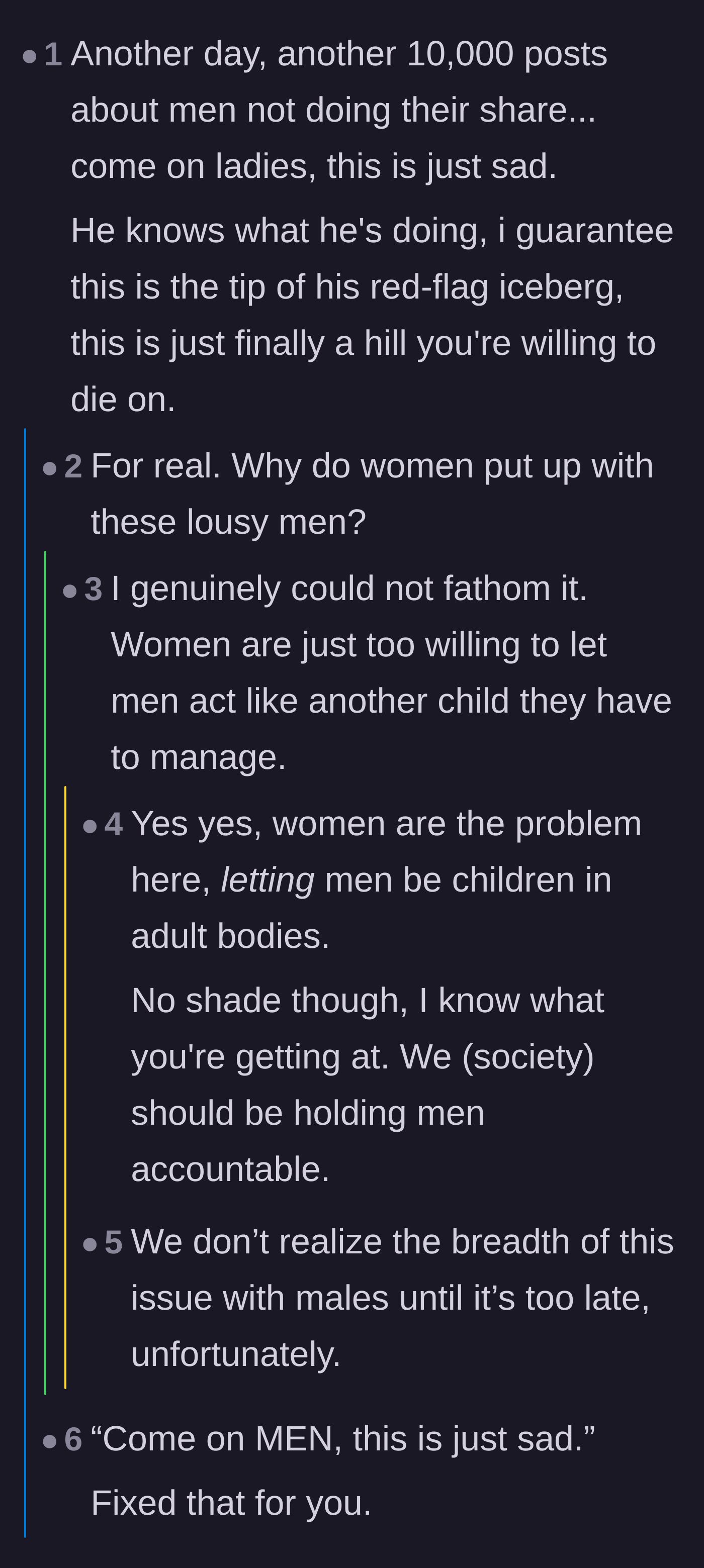 Comment thread 3 - A heated debate about weaponized incompetence, the mental load, and women being expected to parent their partners.