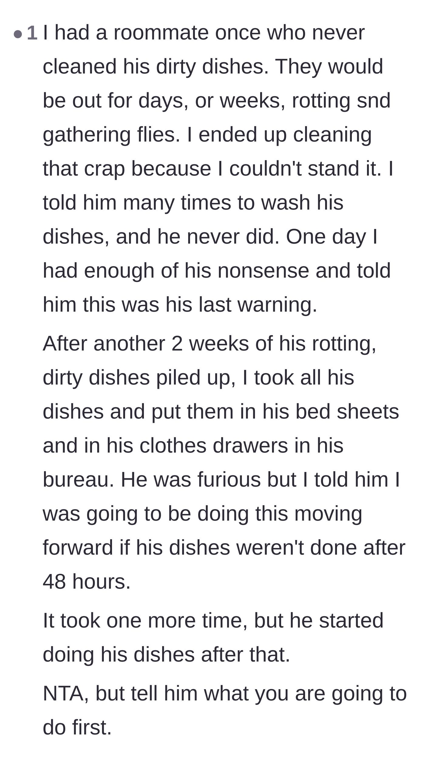 Comment thread 5 - A user shares a similar success story about curing a roommate's bad habits by hiding dirty dishes in their bedsheets.