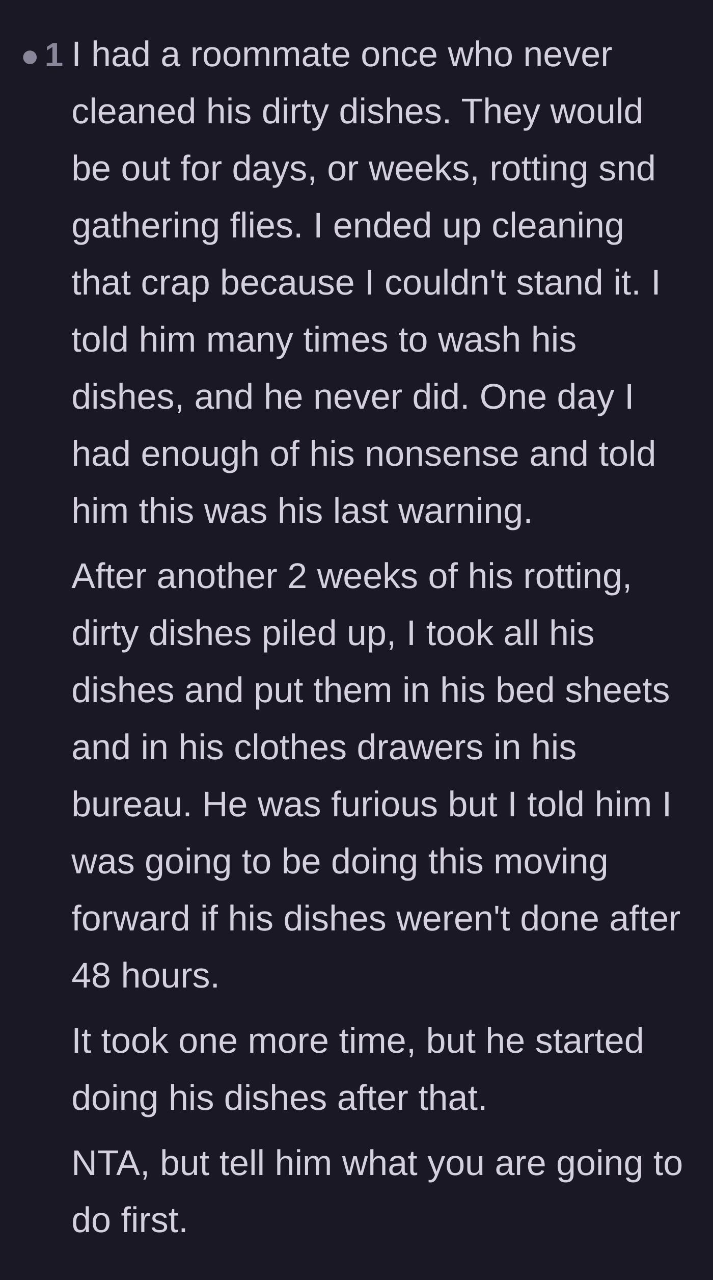 Comment thread 5 - A user shares a similar success story about curing a roommate's bad habits by hiding dirty dishes in their bedsheets.