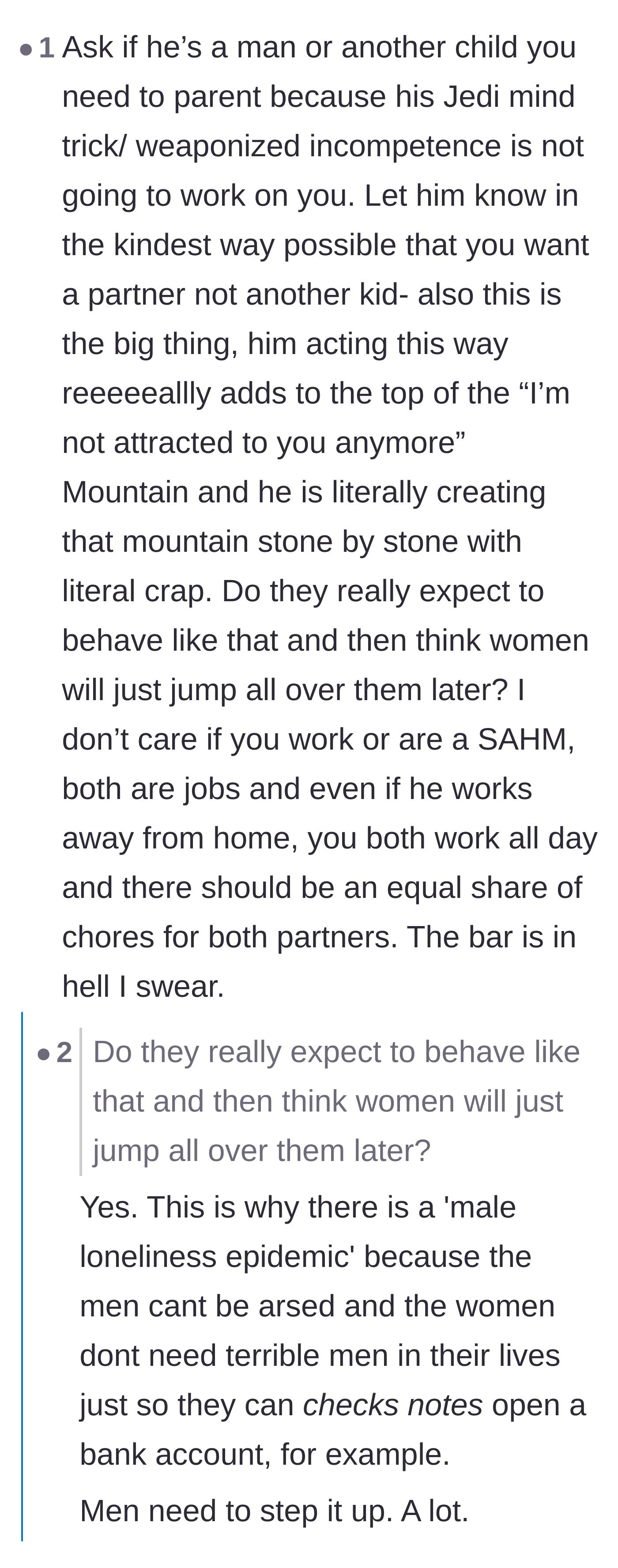 Comment thread 6 - An insightful breakdown of how unequal chores destroy romantic attraction and contribute to the male loneliness epidemic.