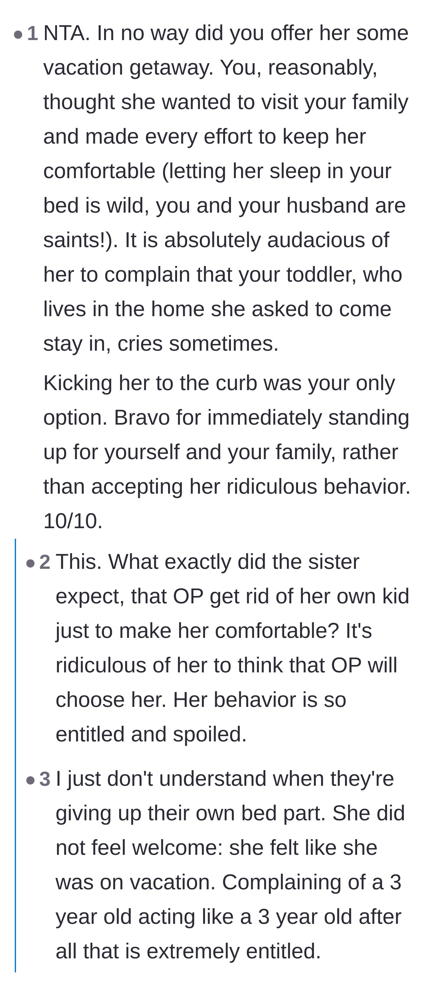 Comment thread 1 - Readers expressing shock that the sister took the narrator's bed and praising the immediate eviction.